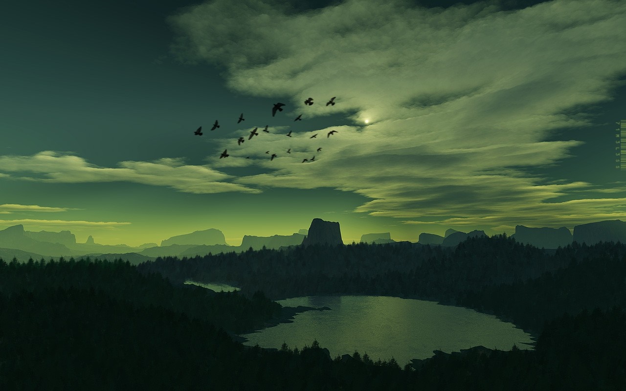 Birds flying over a lake and mountains at dusk HD Wallpaper