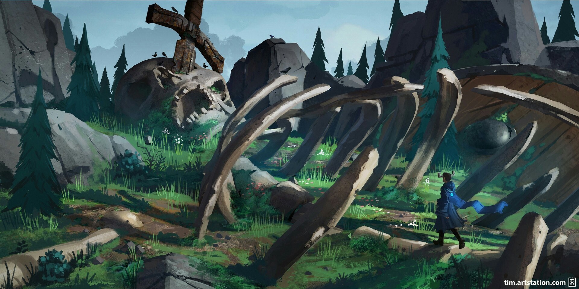 Giant skeleton and a person in a forest HD Wallpaper