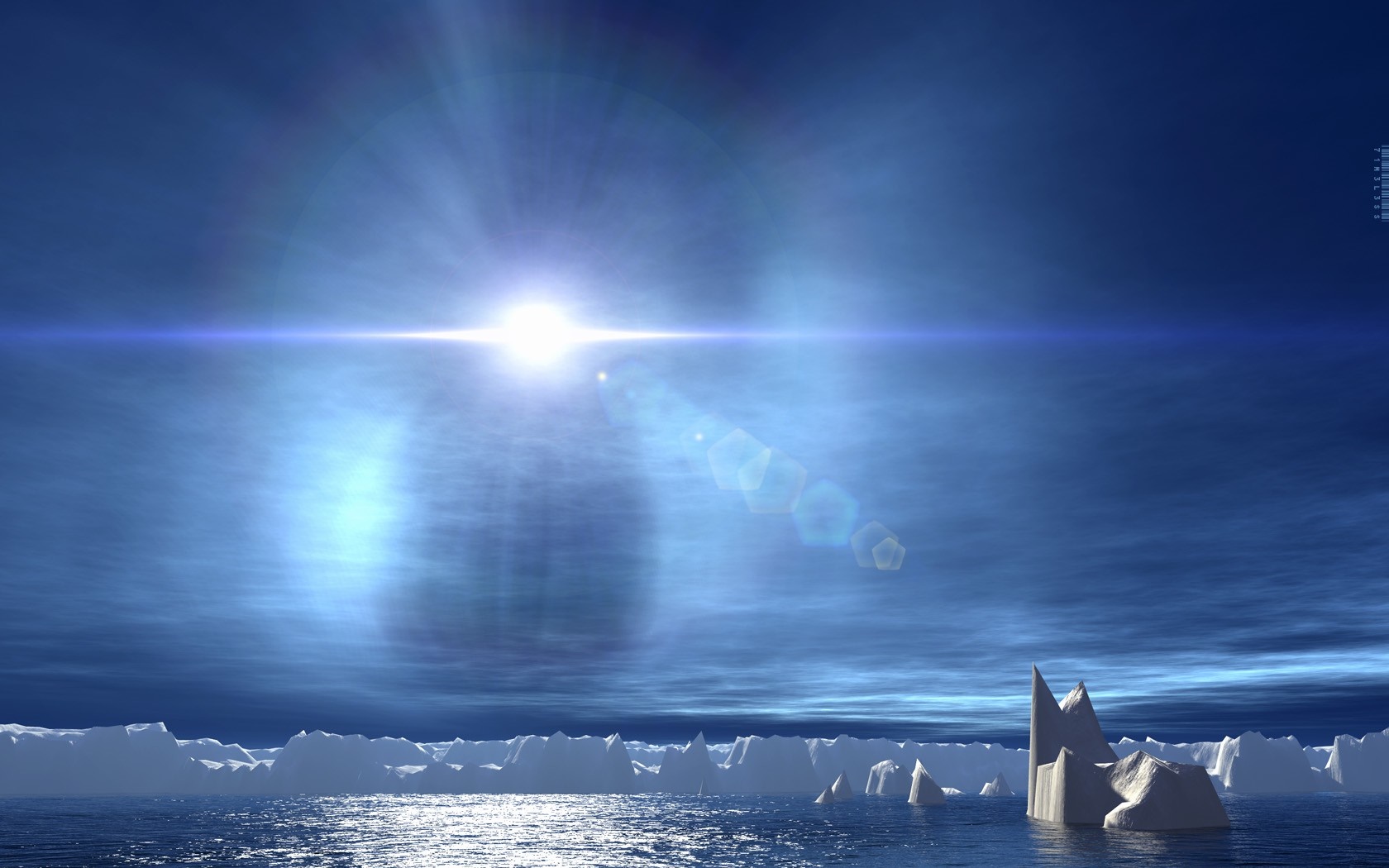 Sunlight over icy ocean with icebergs HD Wallpaper