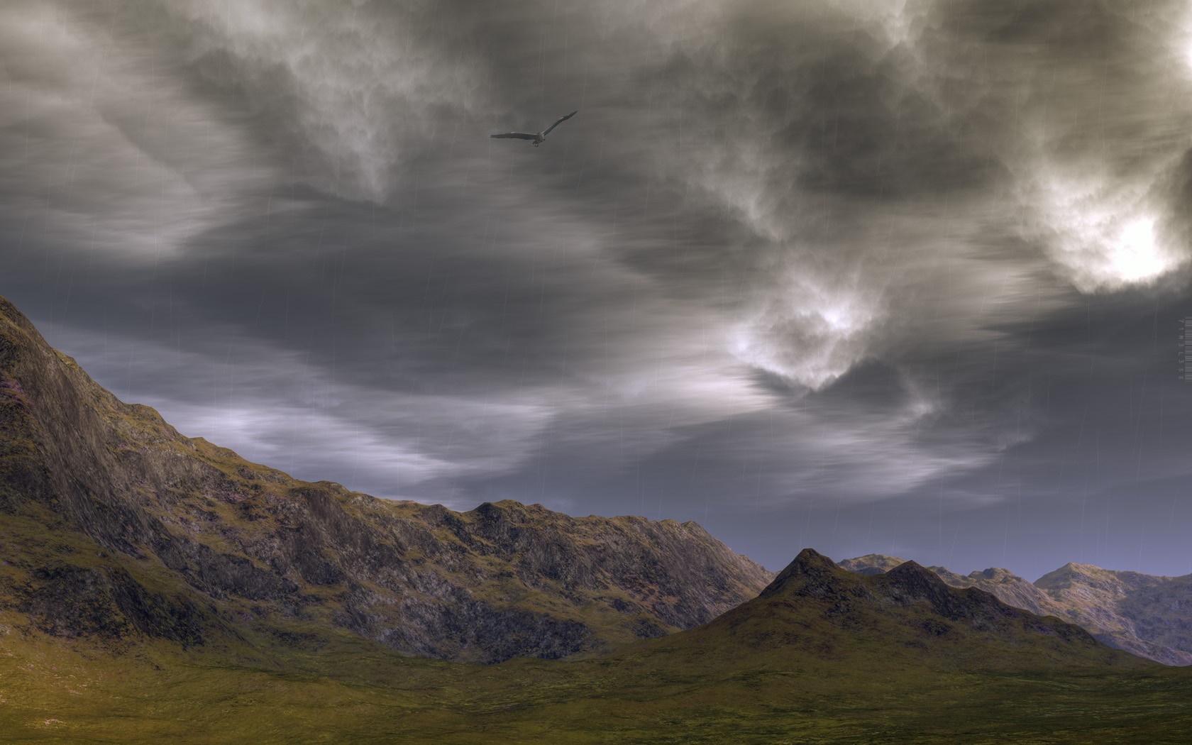 Mountain landscape with stormy clouds and a bird HD Wallpaper