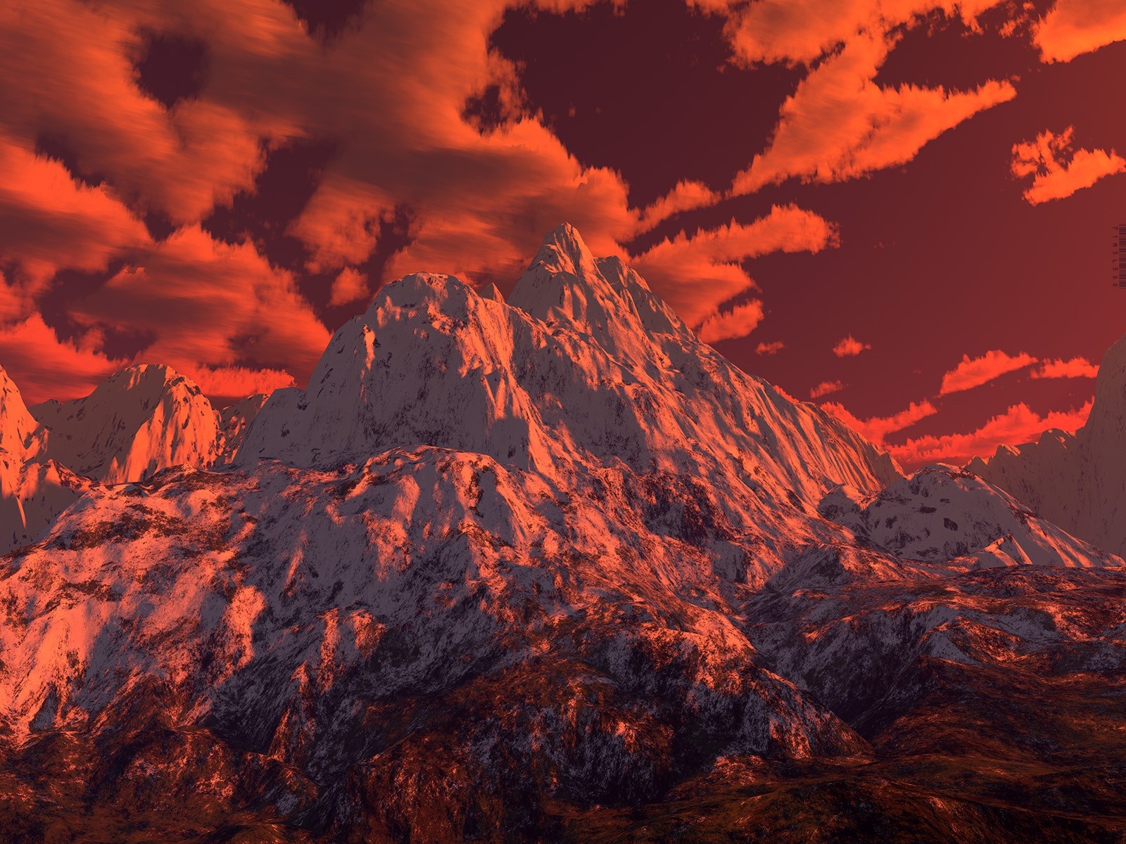 Snow-capped mountains under a red sunset sky HD Wallpaper