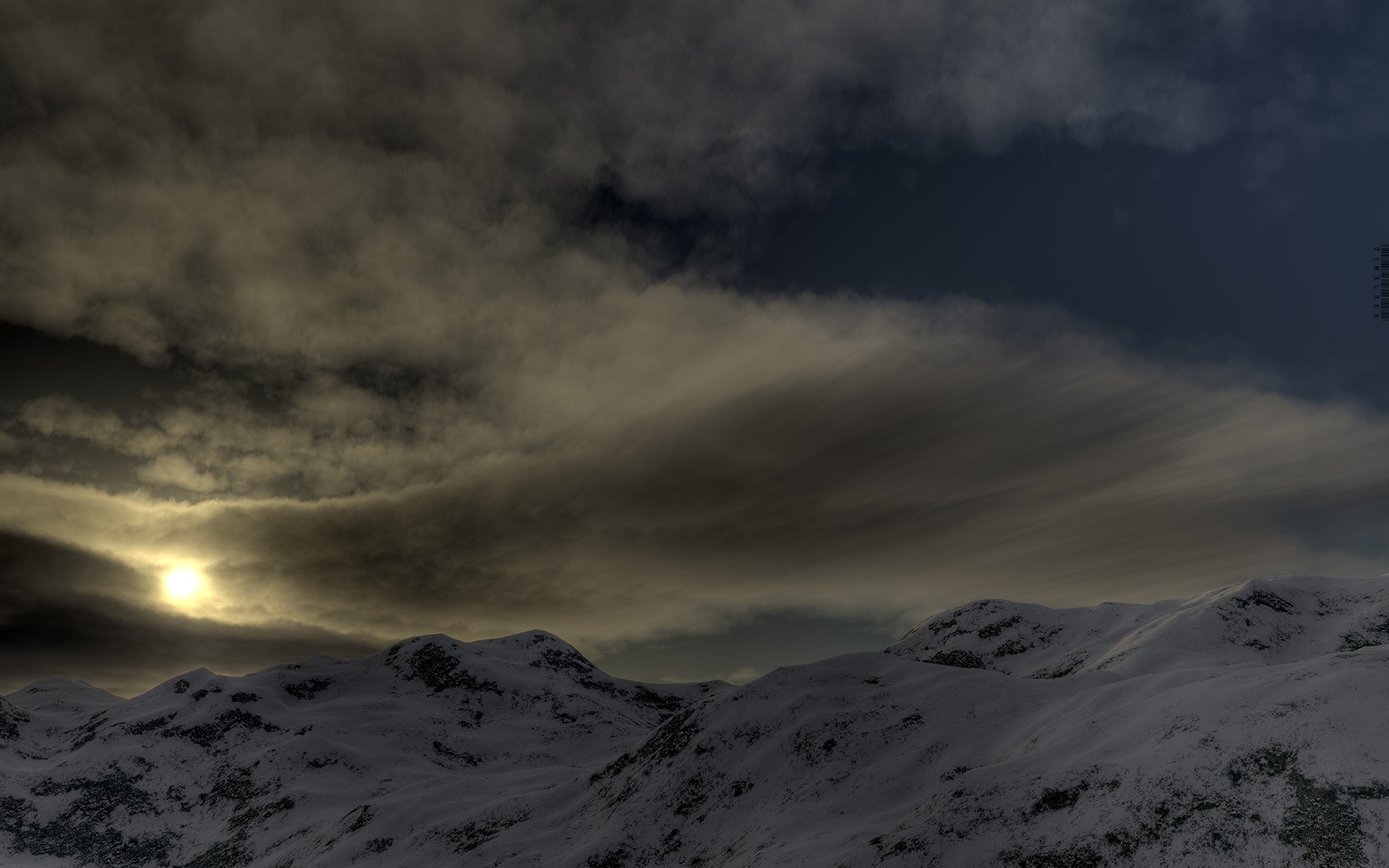 Snowy mountains under a cloudy sky at sunset HD Wallpaper