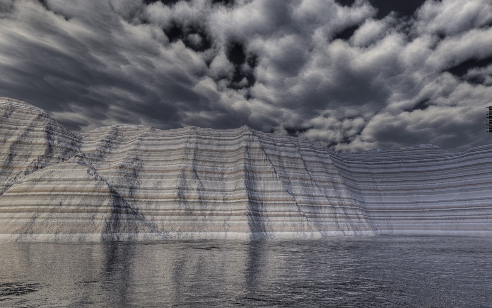 3D render of layered mountains and water under stormy clouds HD Wallpaper