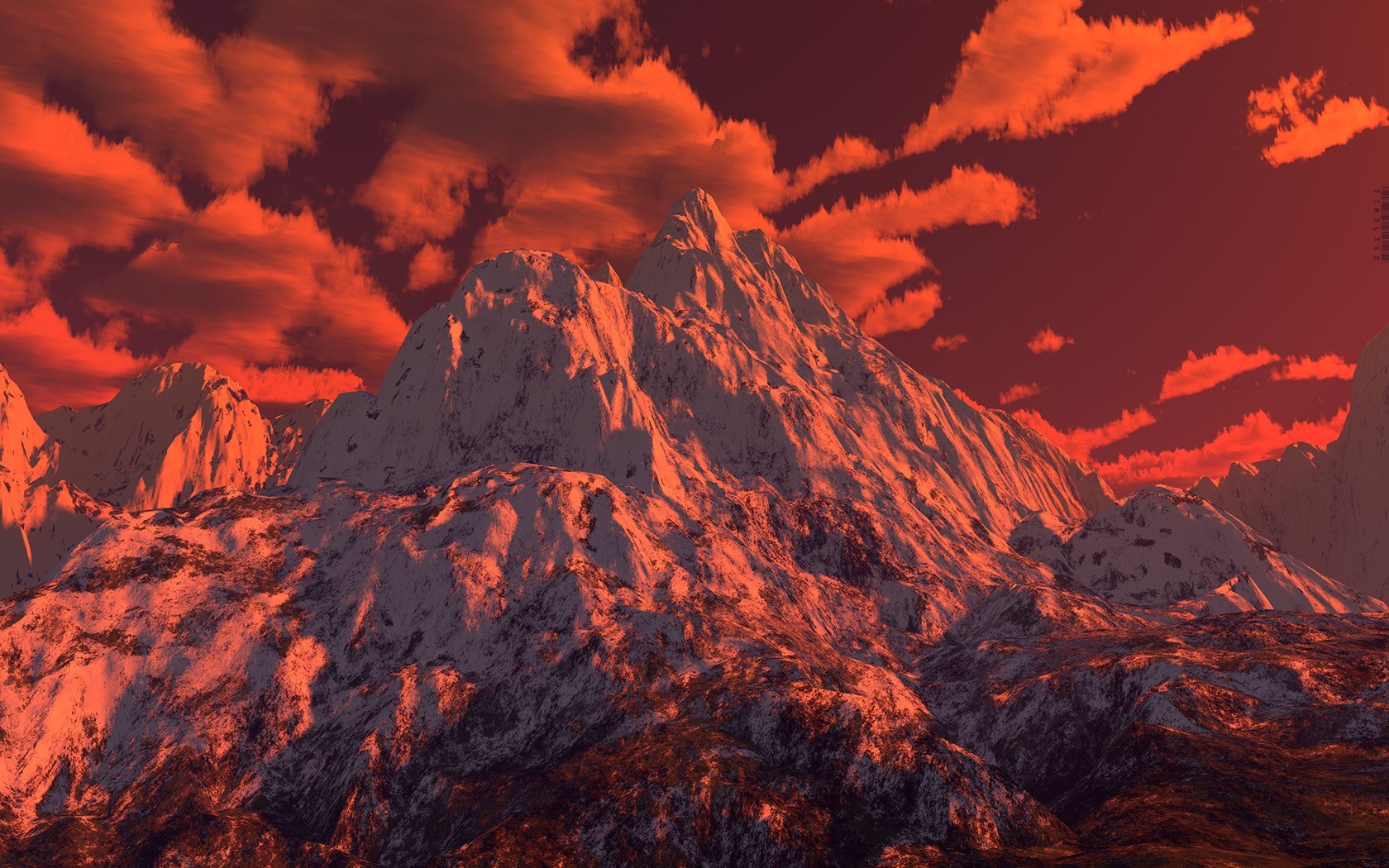Snow-capped mountains under a red sunset sky HD Wallpaper