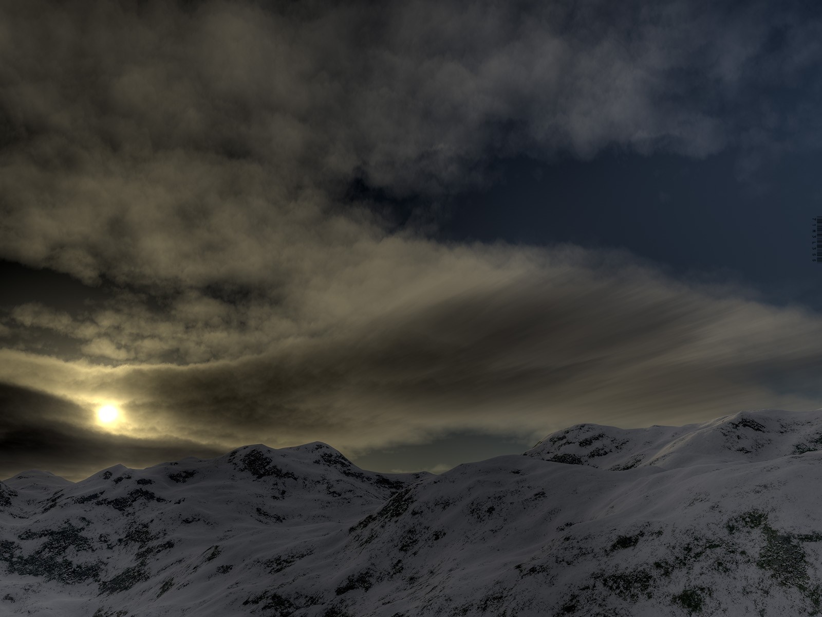 Snowy mountains under a cloudy sky at sunset HD Wallpaper