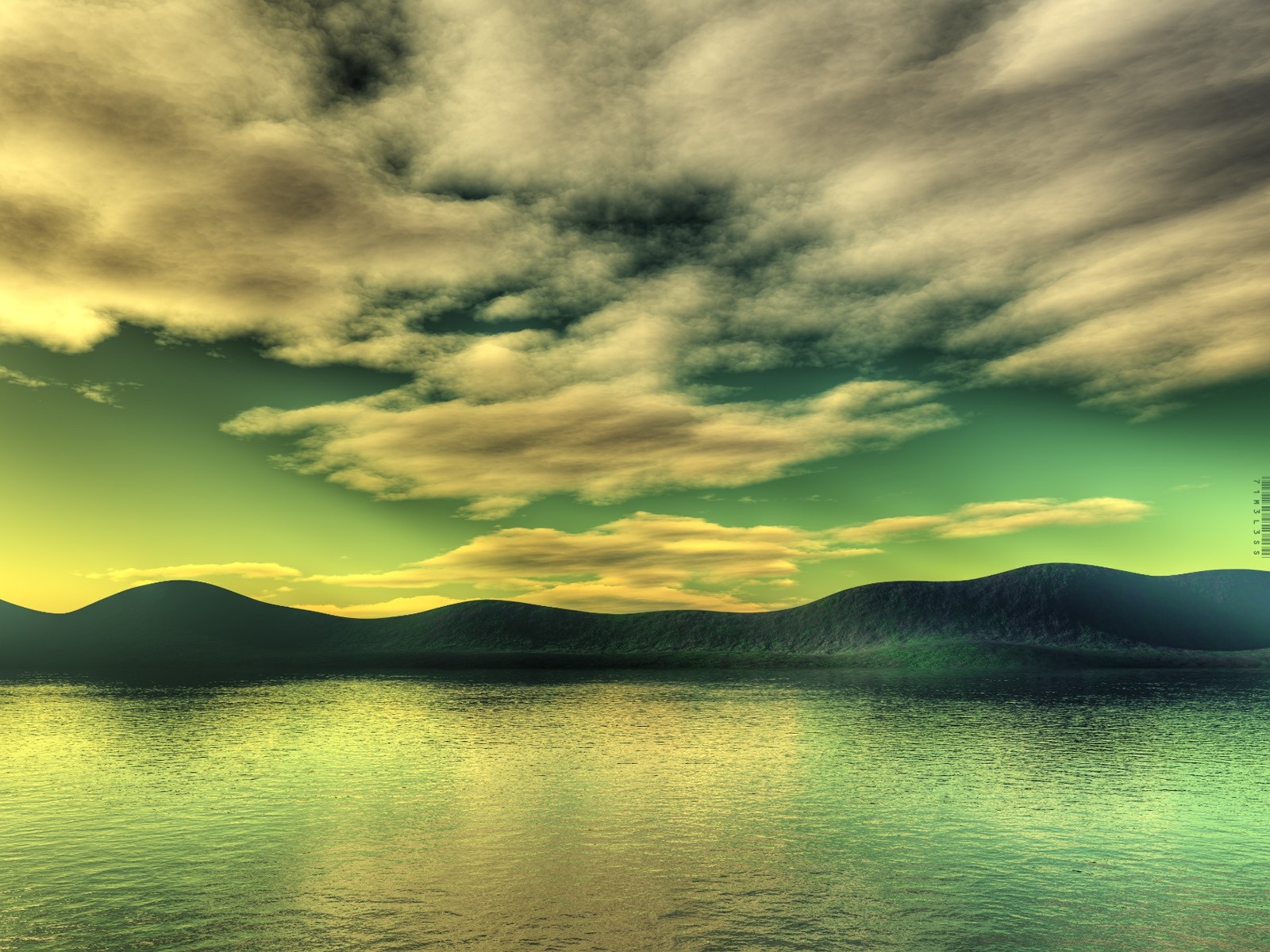 3D render of a surreal landscape with rolling hills and a reflective lake under a dramatic sky HD Wallpaper