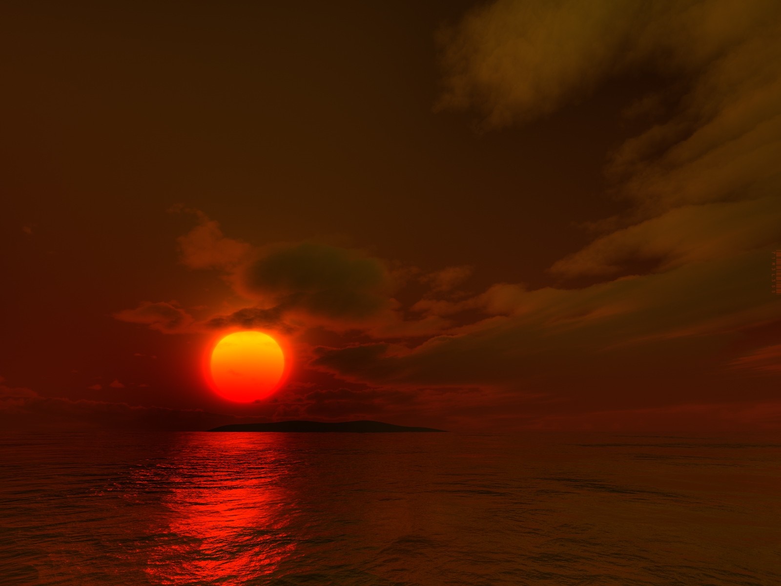 Sunset over the ocean with island and clouds HD Wallpaper
