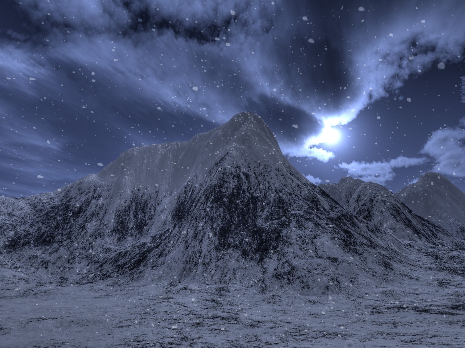 3D render of snowy mountains under a cloudy sky HD Wallpaper