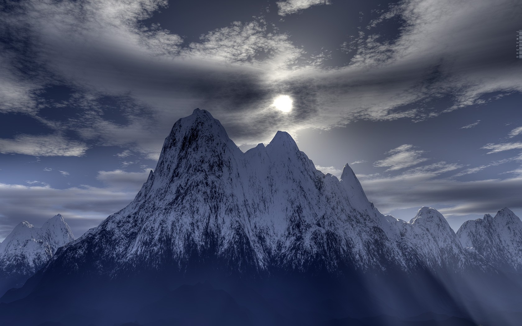 Snow-capped mountains under a cloudy sky with sunlight HD Wallpaper