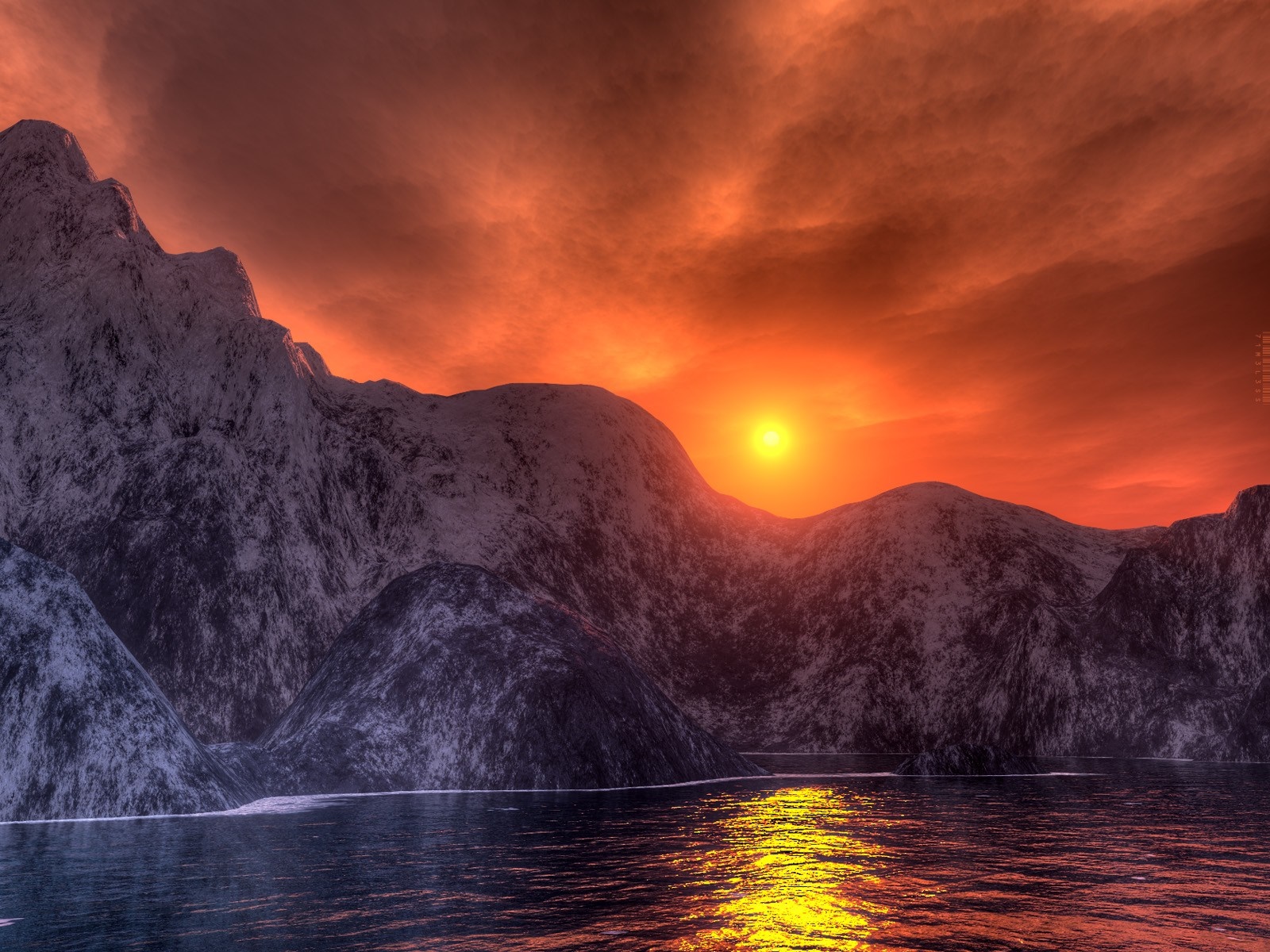 Sunset over mountains and sea with reflection HD Wallpaper