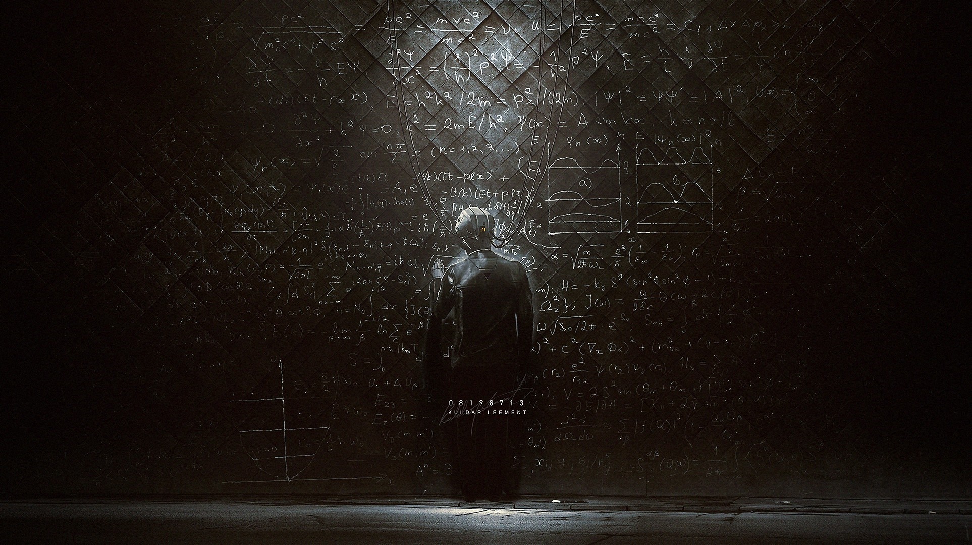 Man in front of blackboard with equations HD Wallpaper