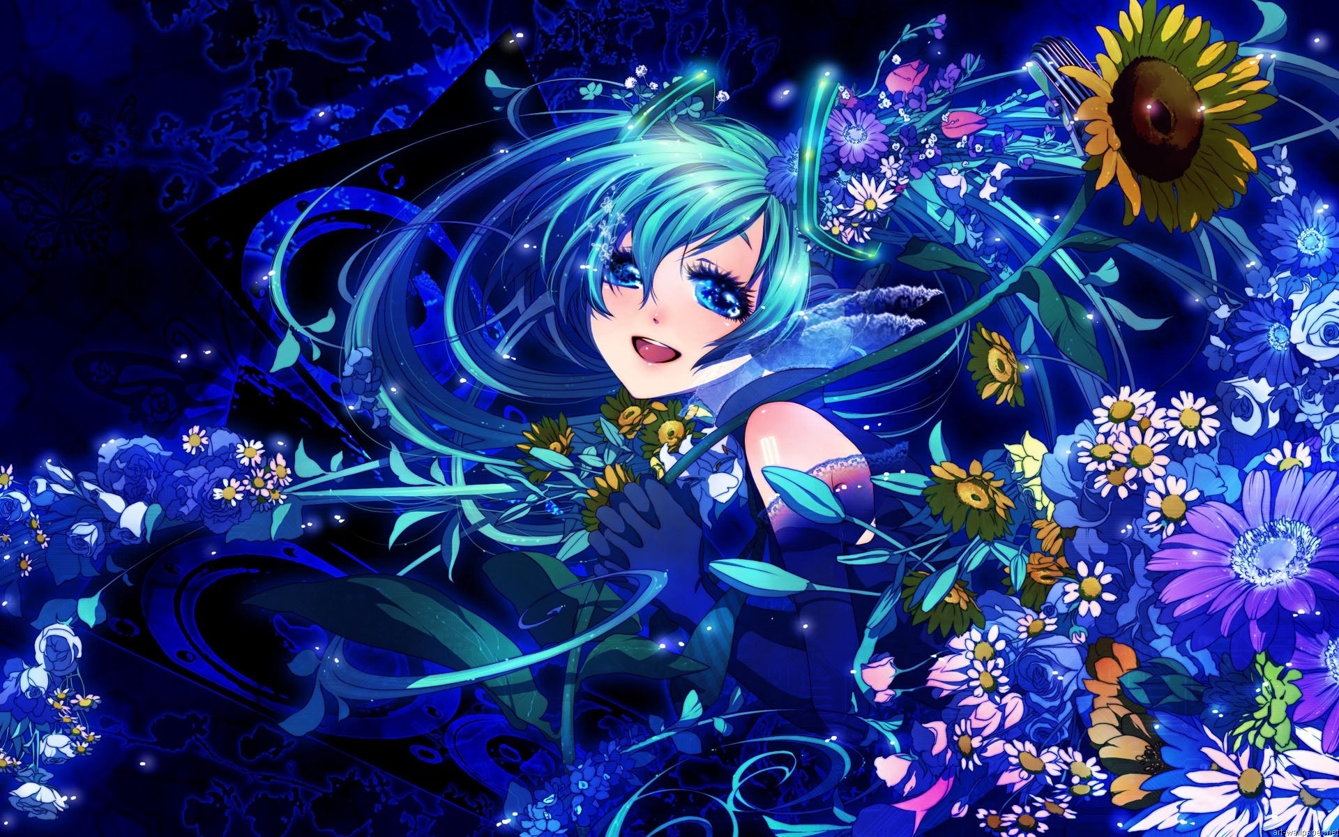 Hatsune Miku surrounded by blue and purple flowers HD Wallpaper