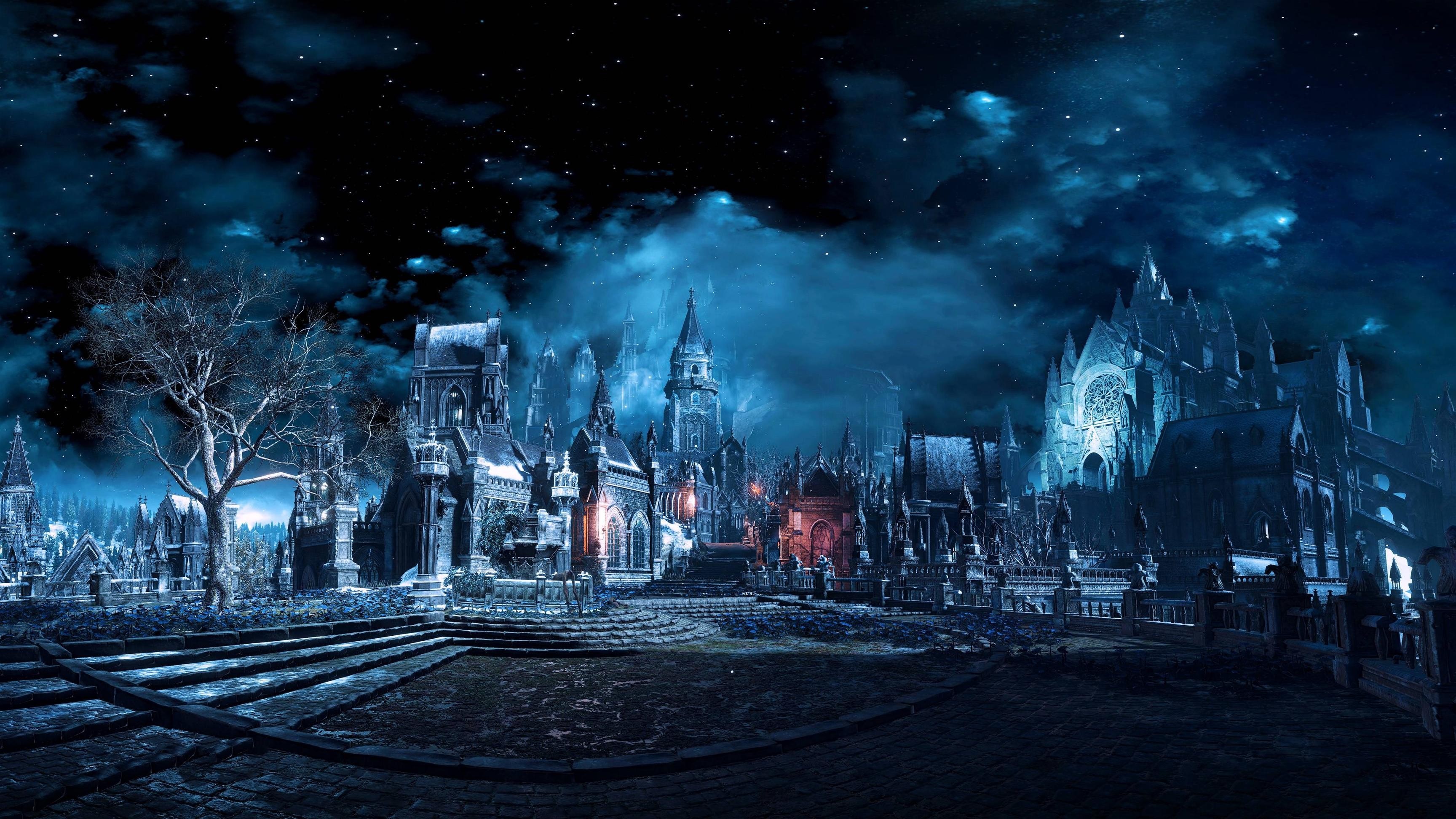 Dark Souls III screenshot of a gothic city at night HD Wallpaper