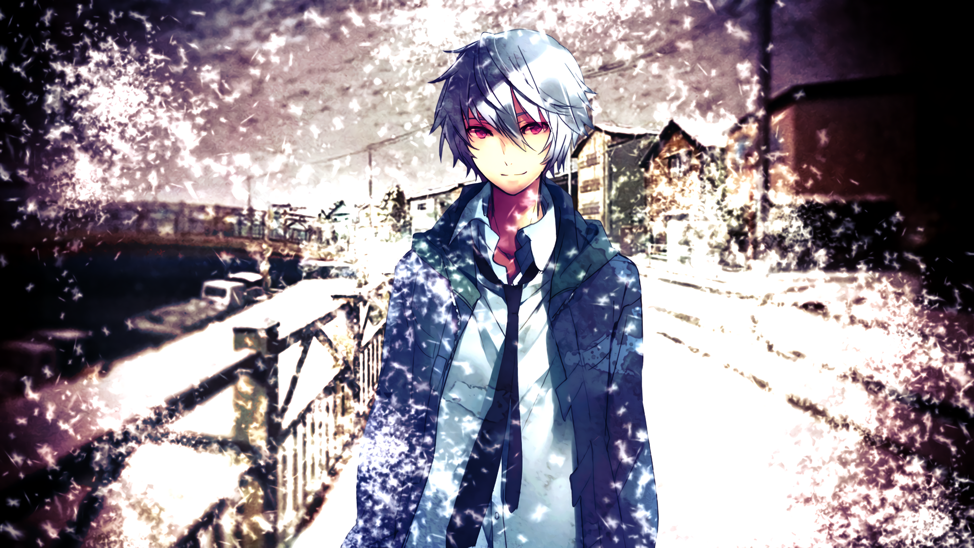 Anime boy with white hair in winter HD Wallpaper