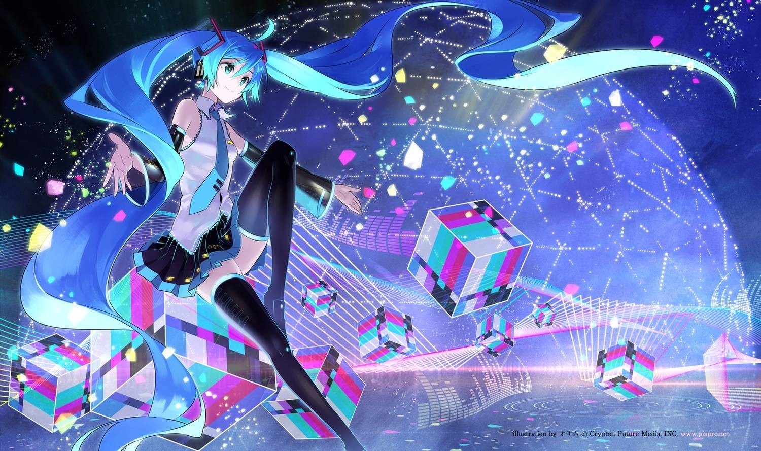 Hatsune Miku in a digital world with cubes HD Wallpaper