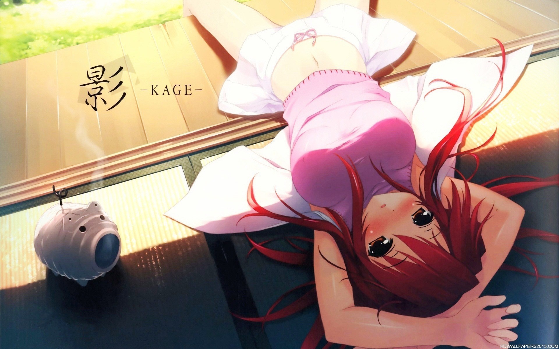 Anime girl with red hair lying on tatami mat HD Wallpaper