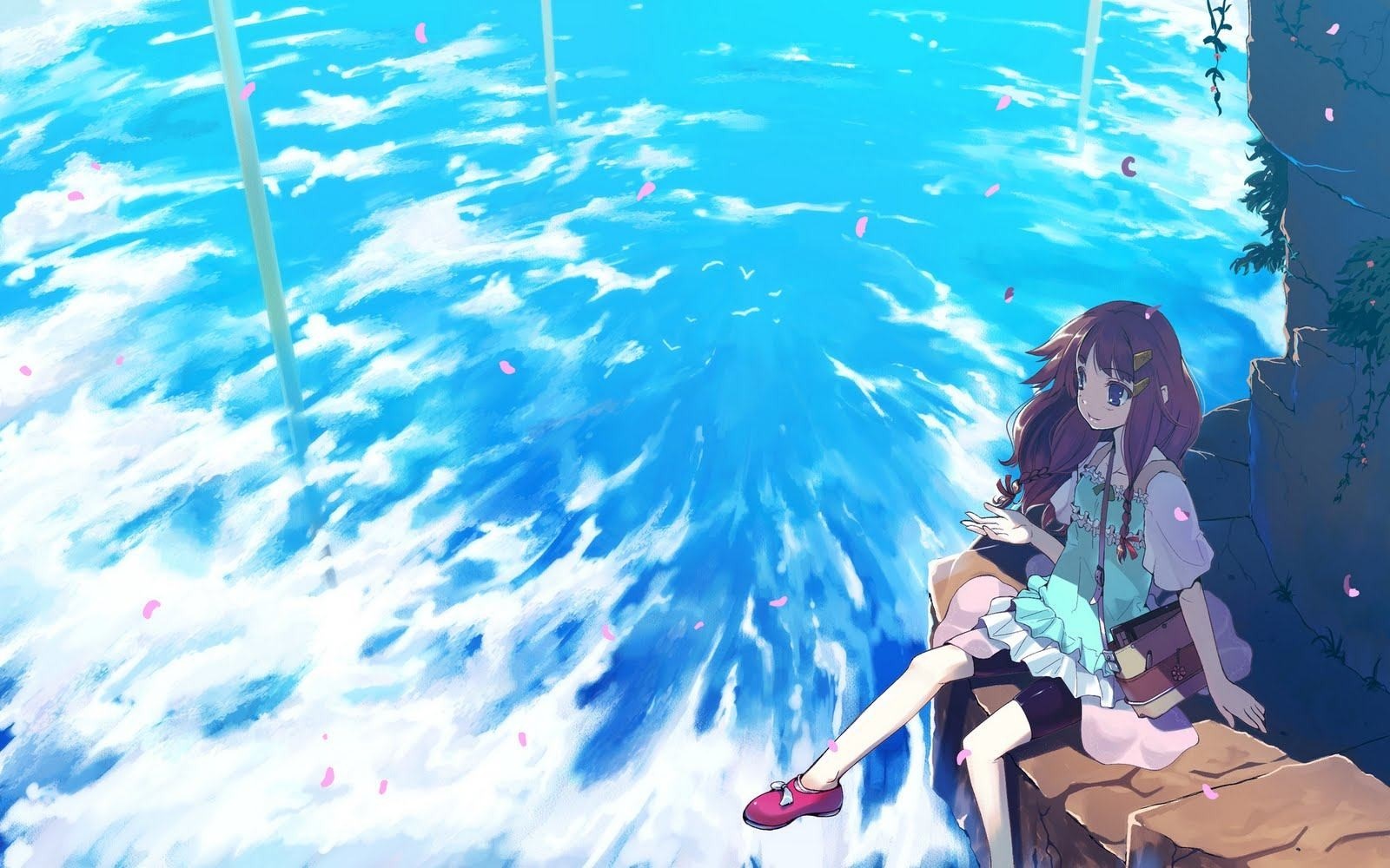 Anime girl sitting on a cliff overlooking the sky HD Wallpaper