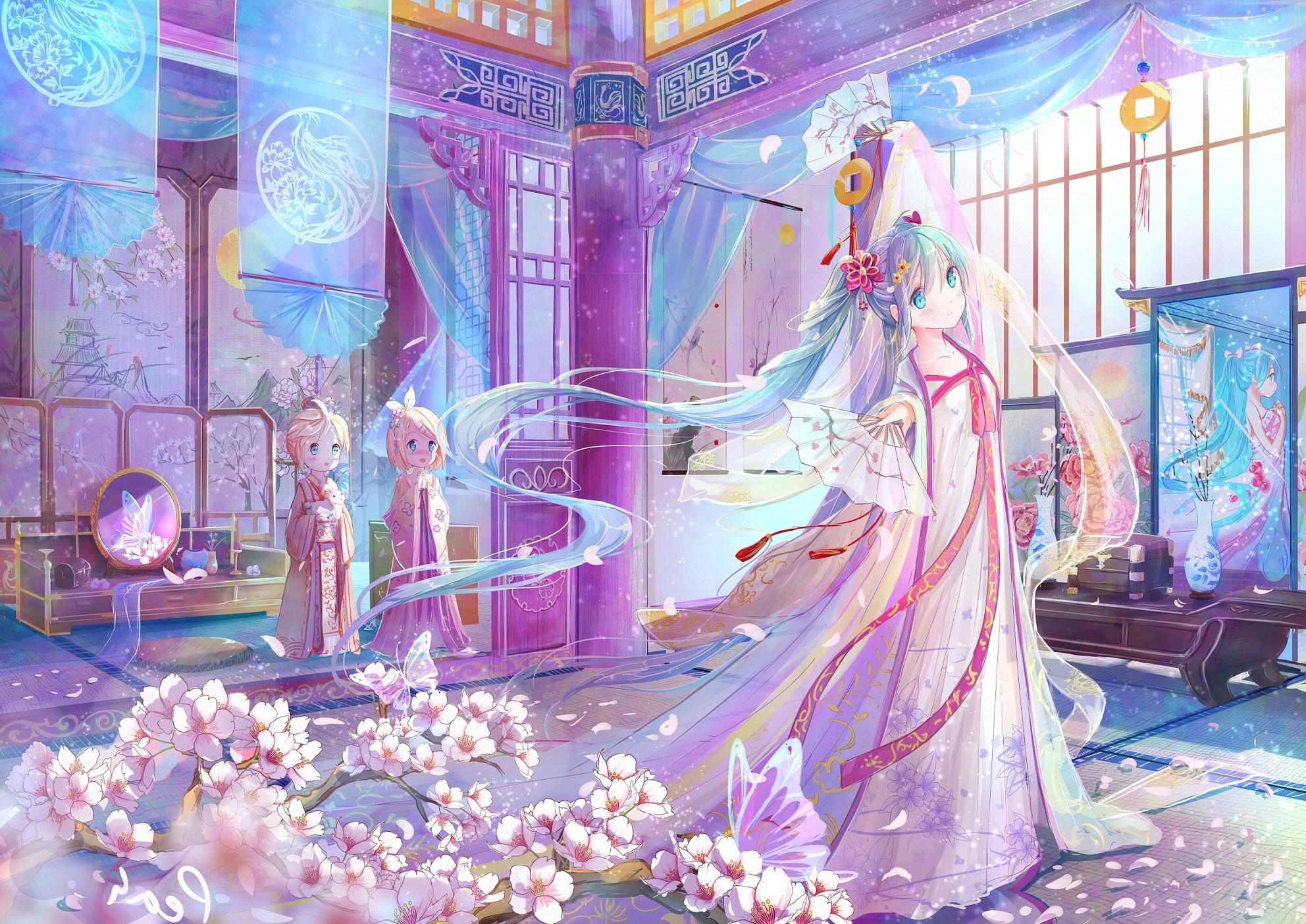 Hatsune Miku and Kagamine Twins in Traditional Japanese Room HD Wallpaper