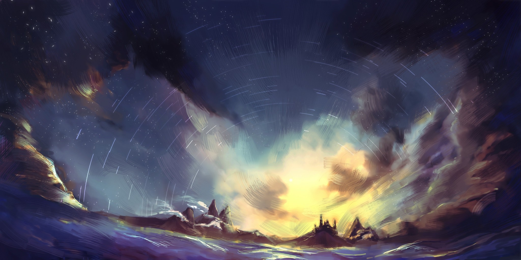 Fantasy landscape with celestial phenomena and distant castle HD Wallpaper