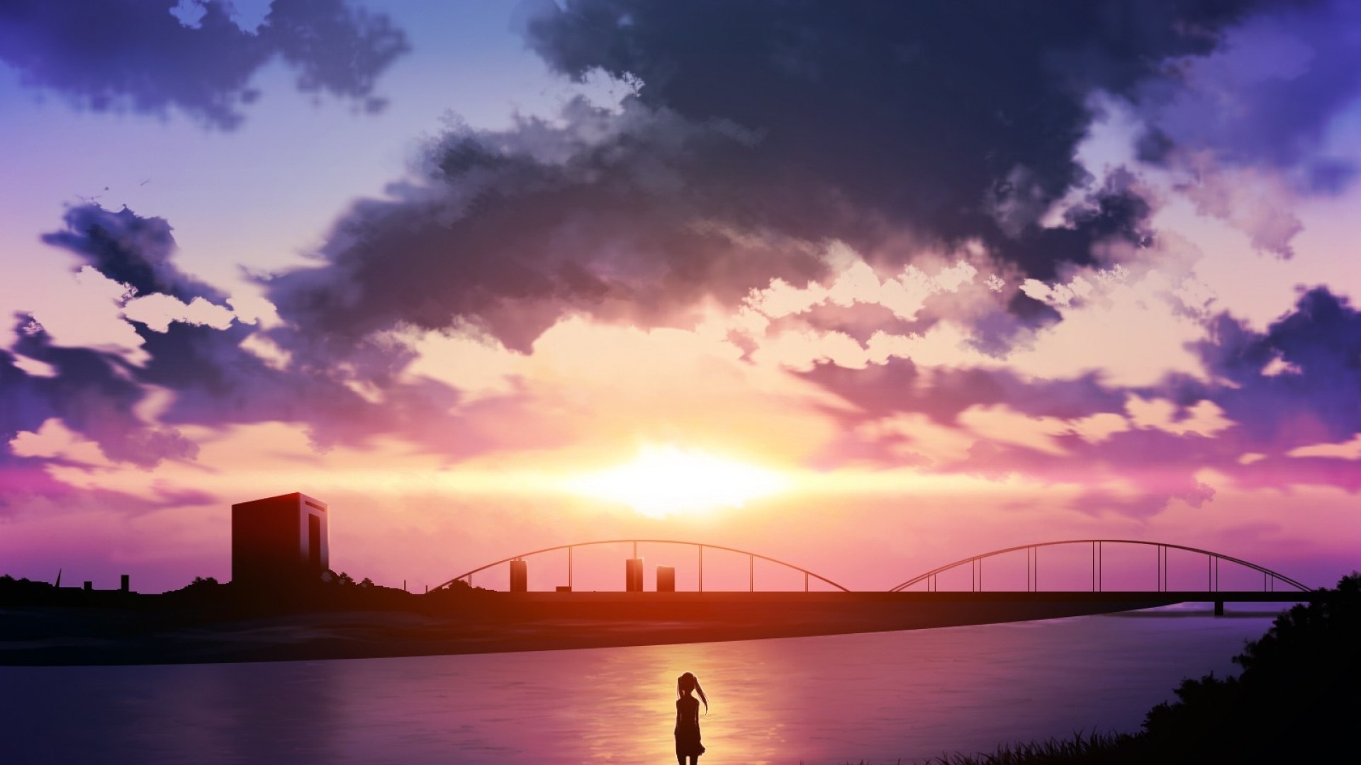 Anime girl by the river at sunset with a bridge HD Wallpaper