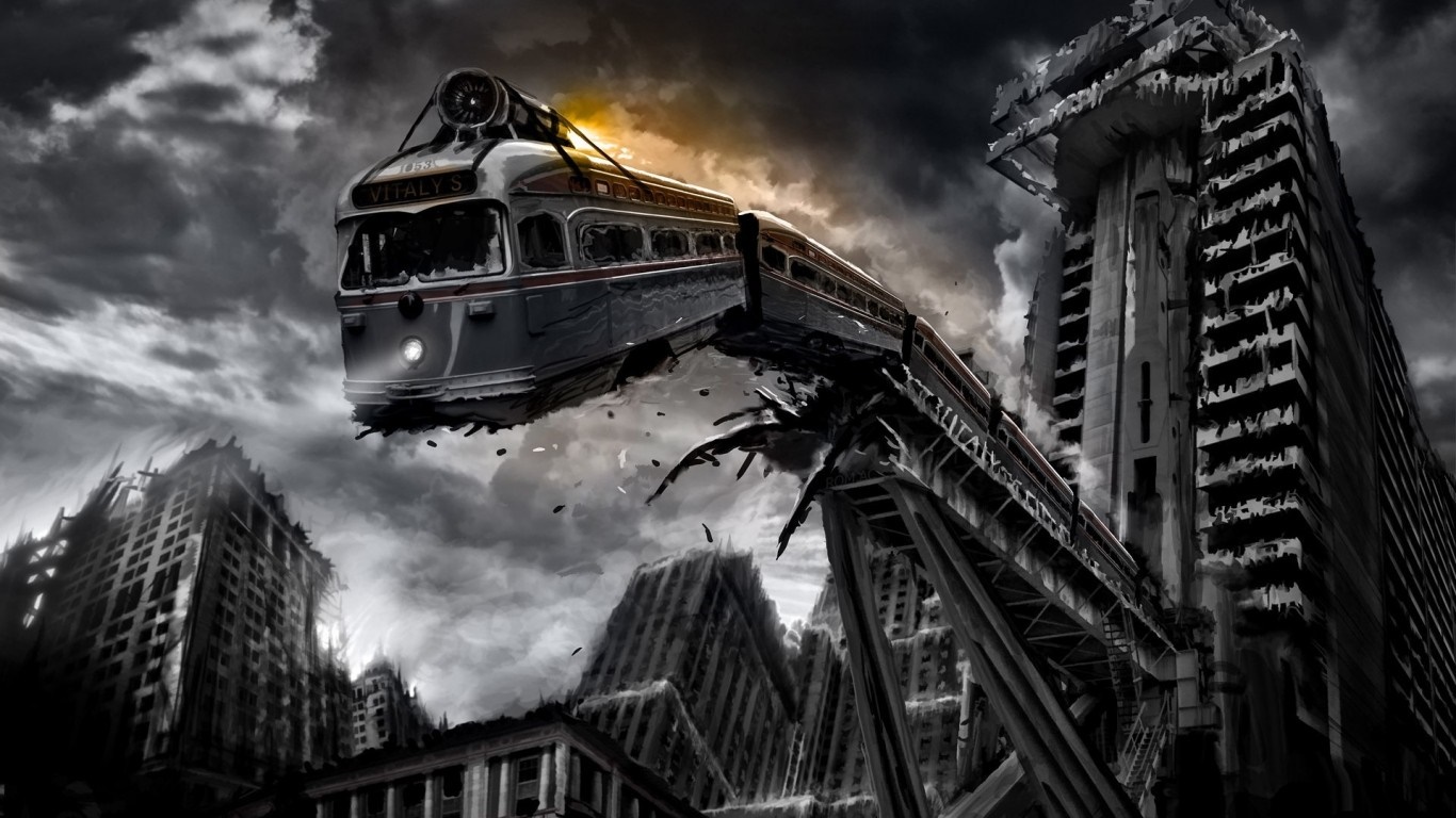 Apocalyptic train crash in a ruined city HD Wallpaper