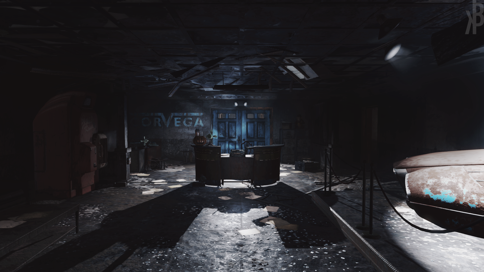 Abandoned interior with "ORVEGA" sign and double doors HD Wallpaper