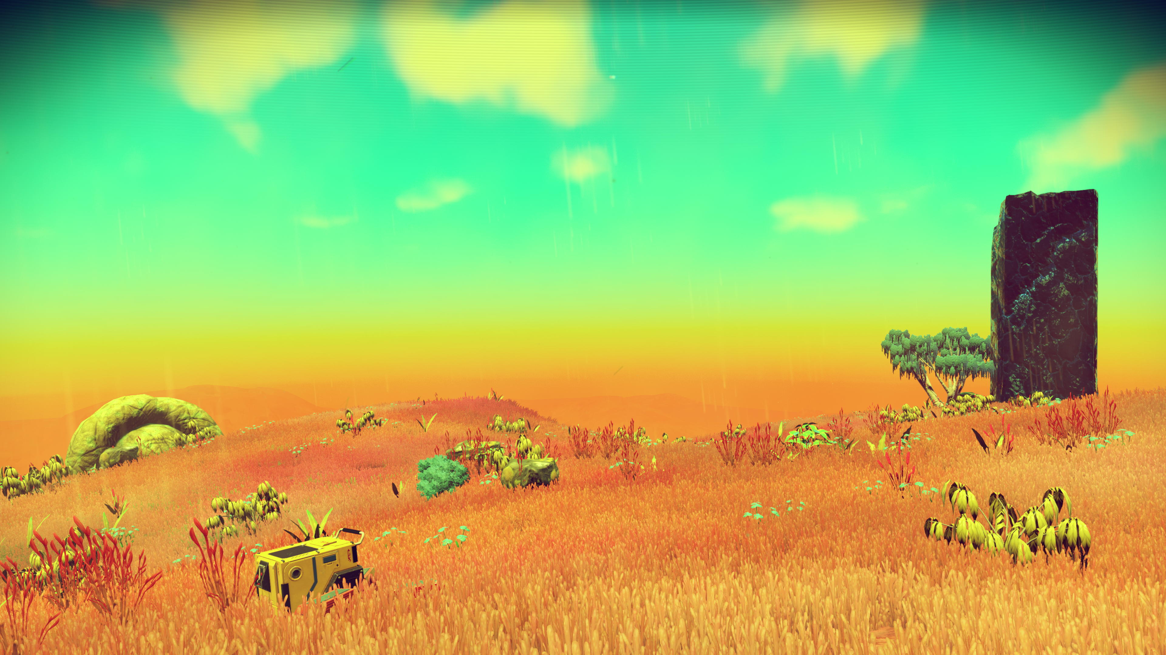 Alien planet landscape with strange flora and a monolith HD Wallpaper