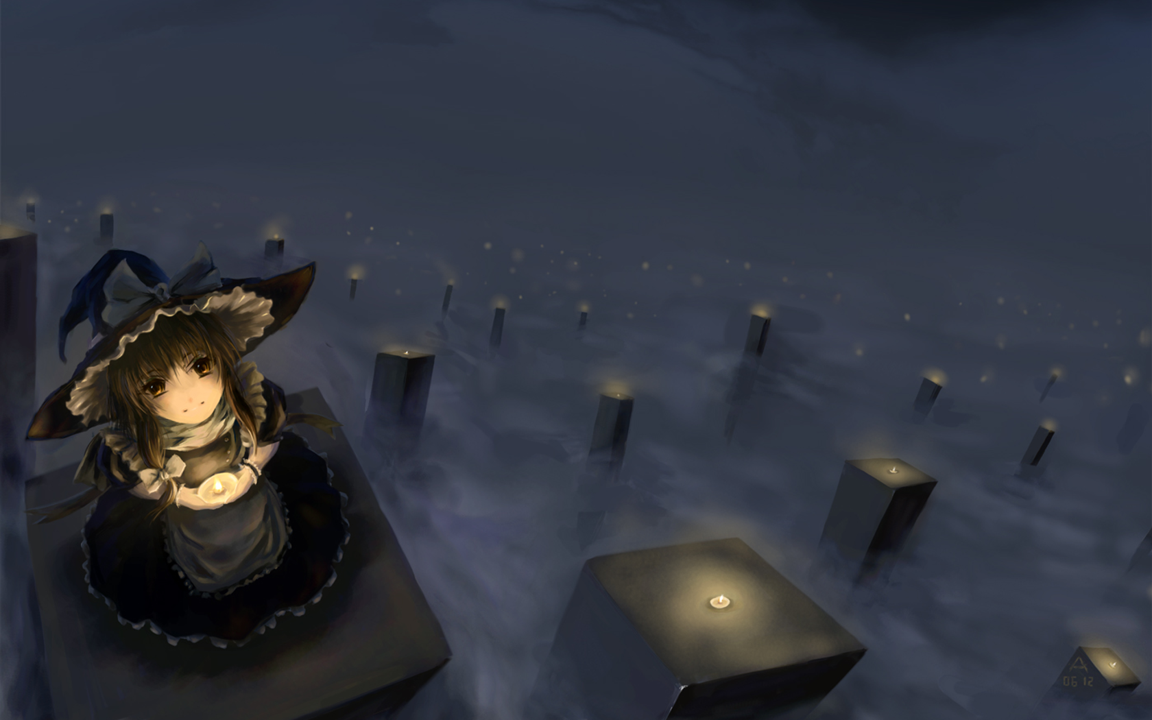 Anime girl with a candle in a misty night HD Wallpaper