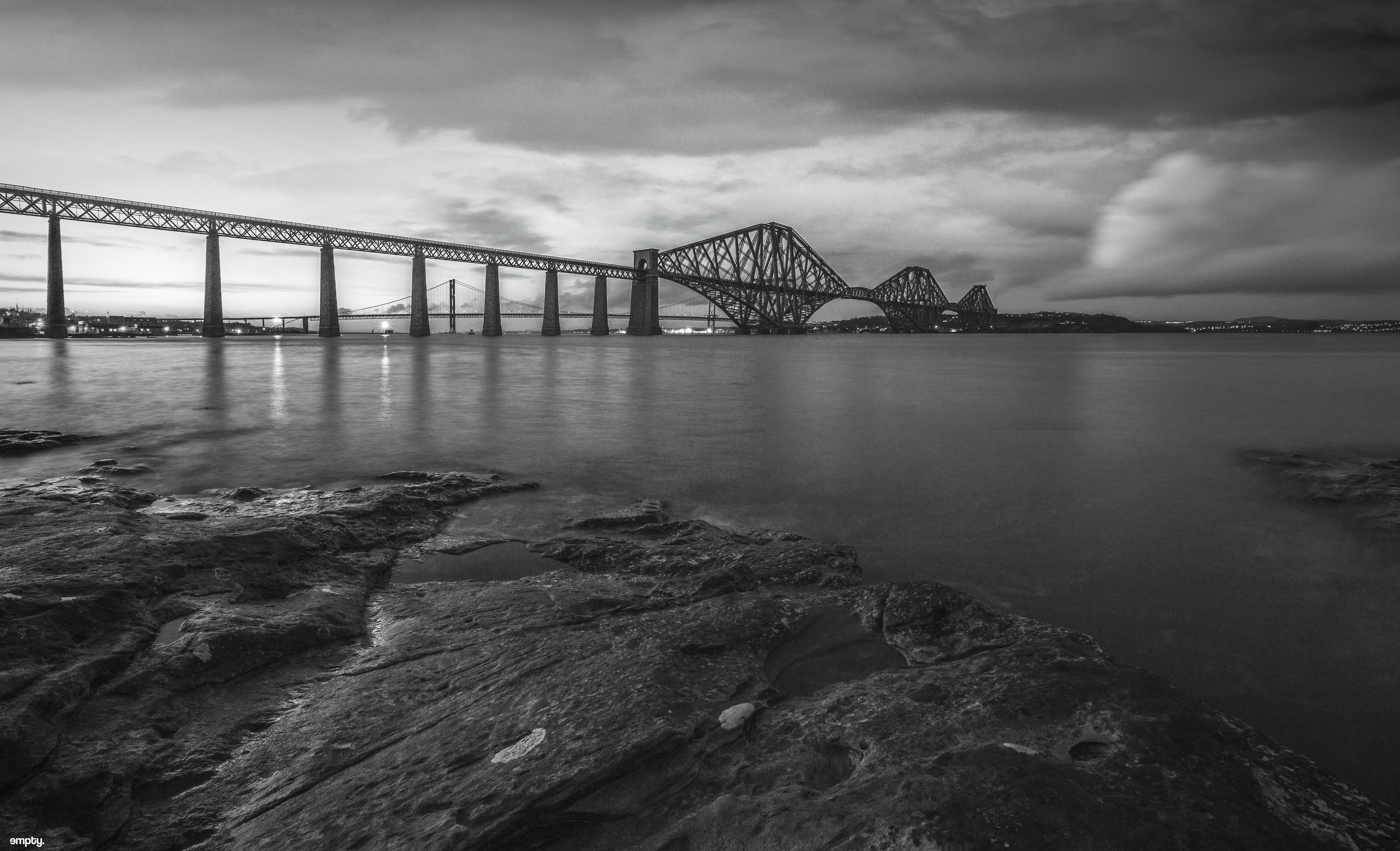 Forth Bridge at dusk, monochrome landscape HD Wallpaper