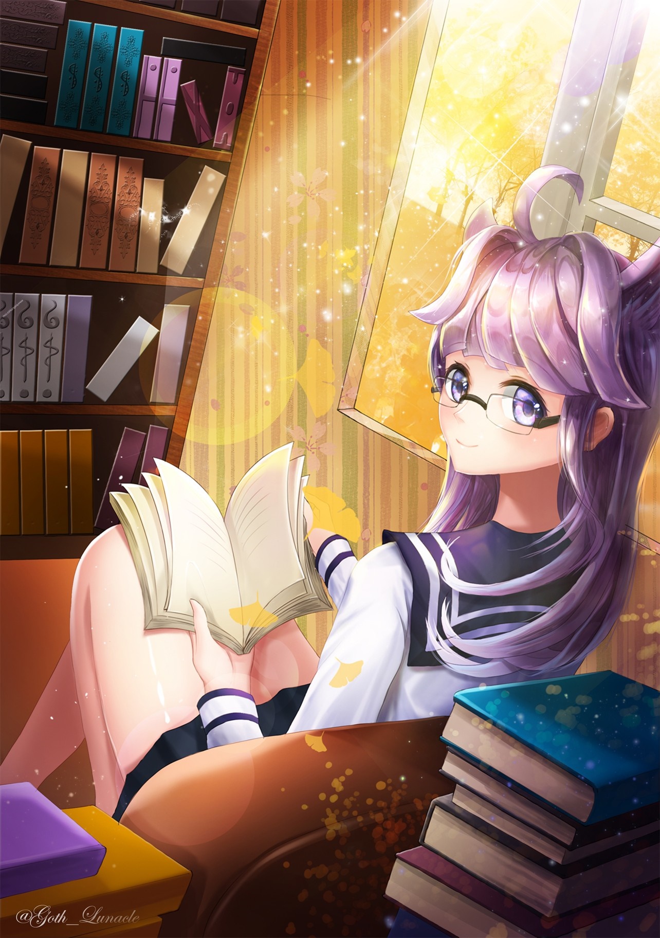 Anime girl with purple hair reading a book in a library HD Wallpaper