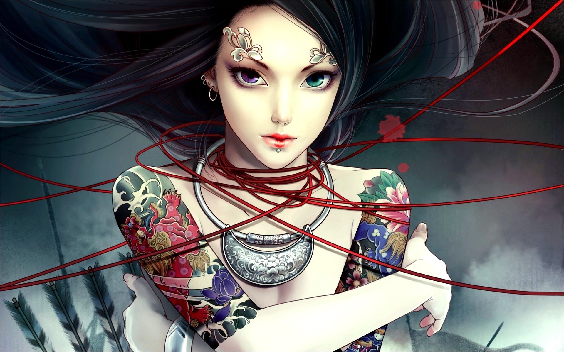Anime girl with tattoos and heterochromia HD Wallpaper