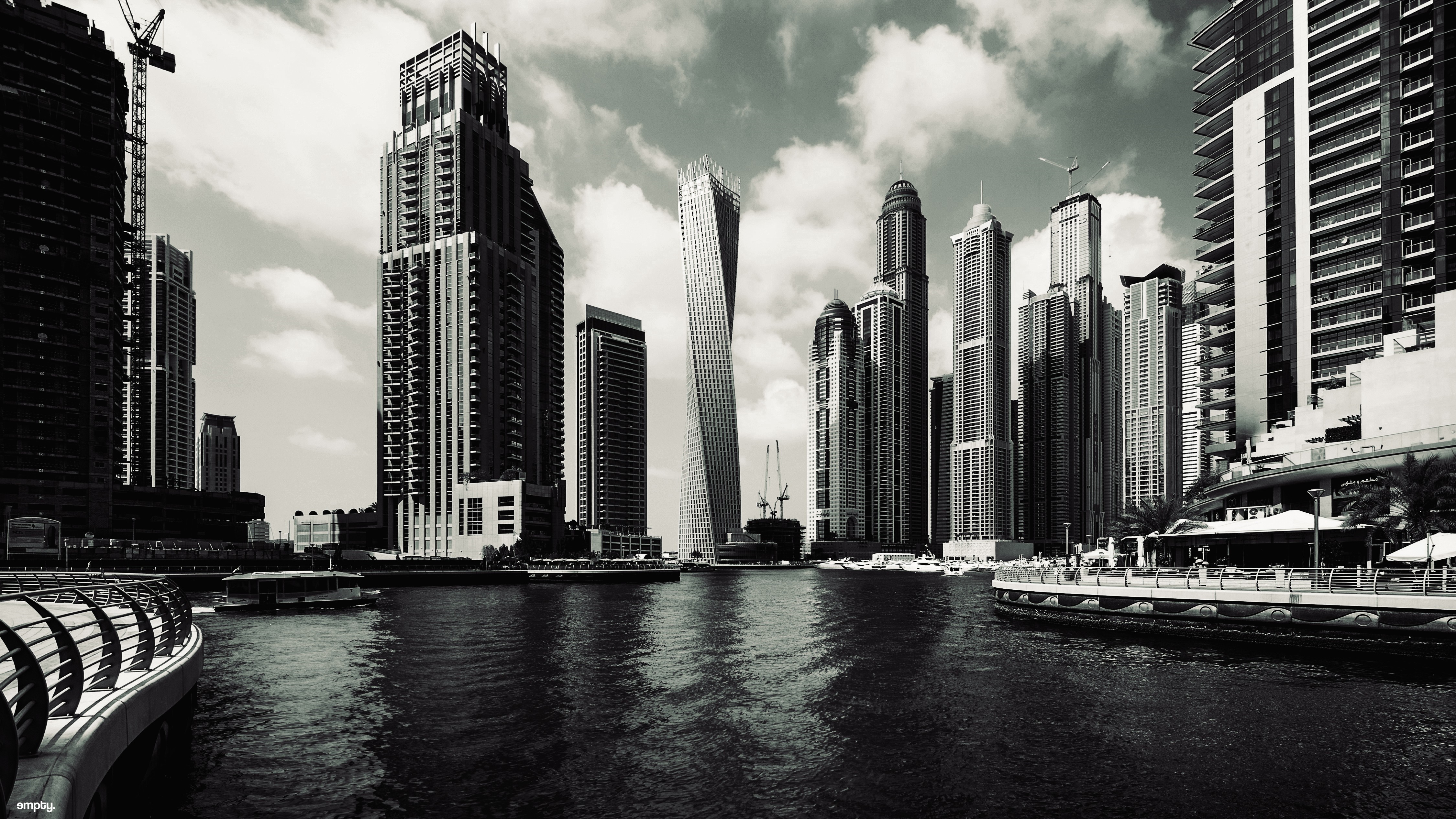 Monochrome Dubai Marina Skyline with Twisted Tower HD Wallpaper