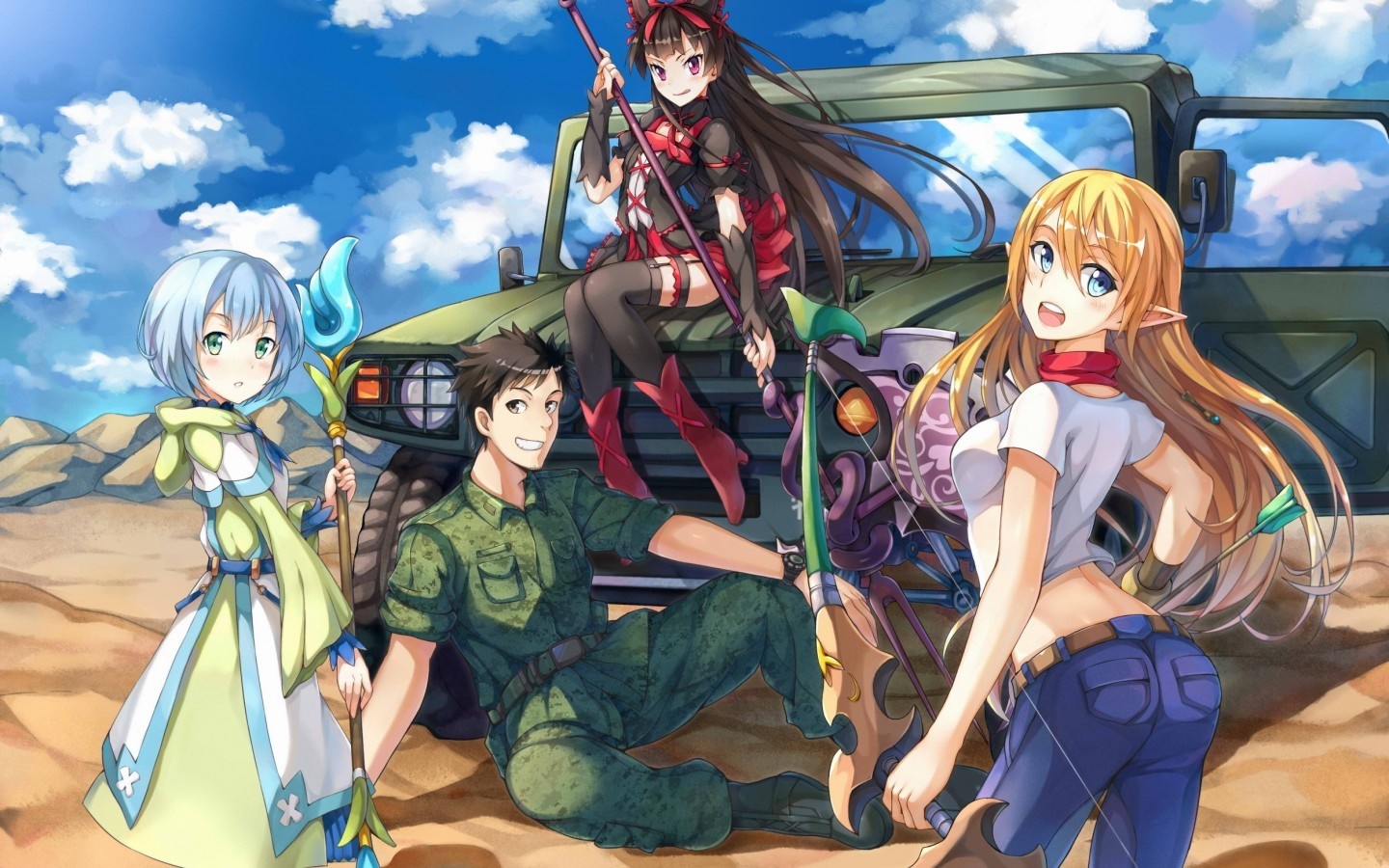 Rory Mercury, Tuka Luna Marceau, Lelei La Lelena, and Itami Youji from Gate HD Wallpaper
