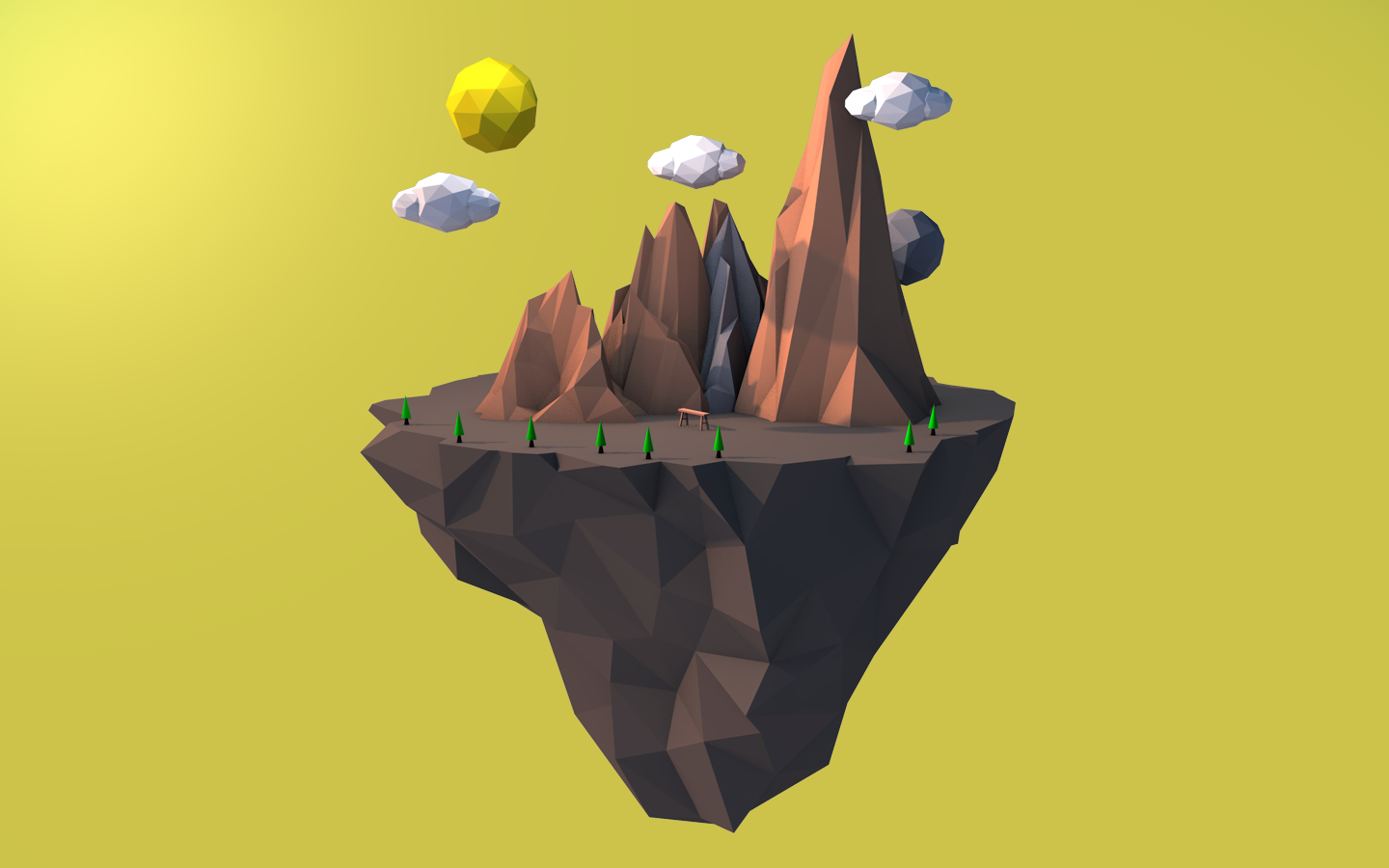 Low poly floating island with mountains and sun HD Wallpaper