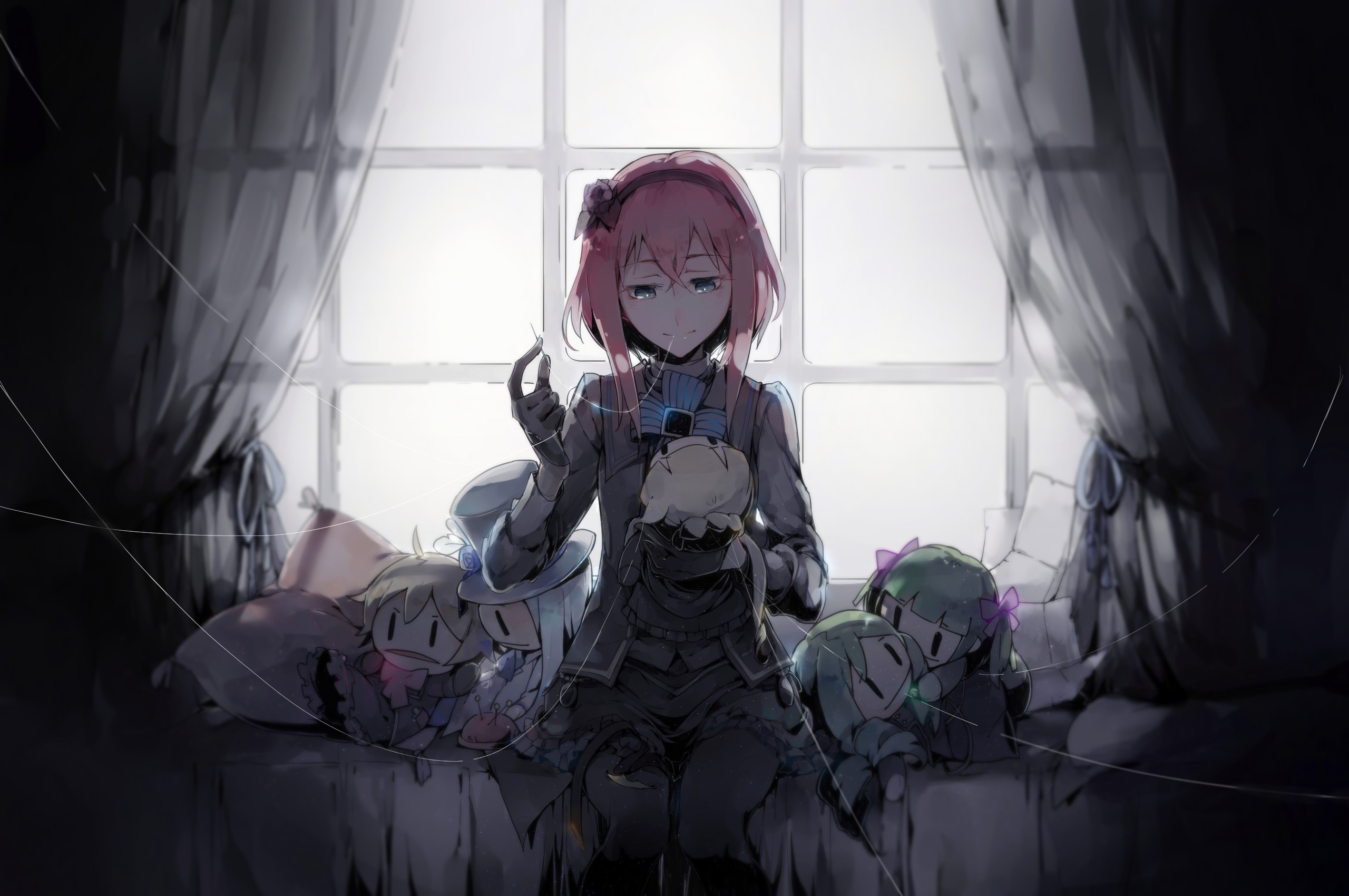 Girl with pink hair and dolls by the window HD Wallpaper