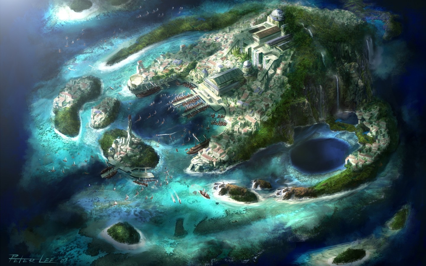 Aerial view of a fantasy island city with a harbor and surrounding islands HD Wallpaper