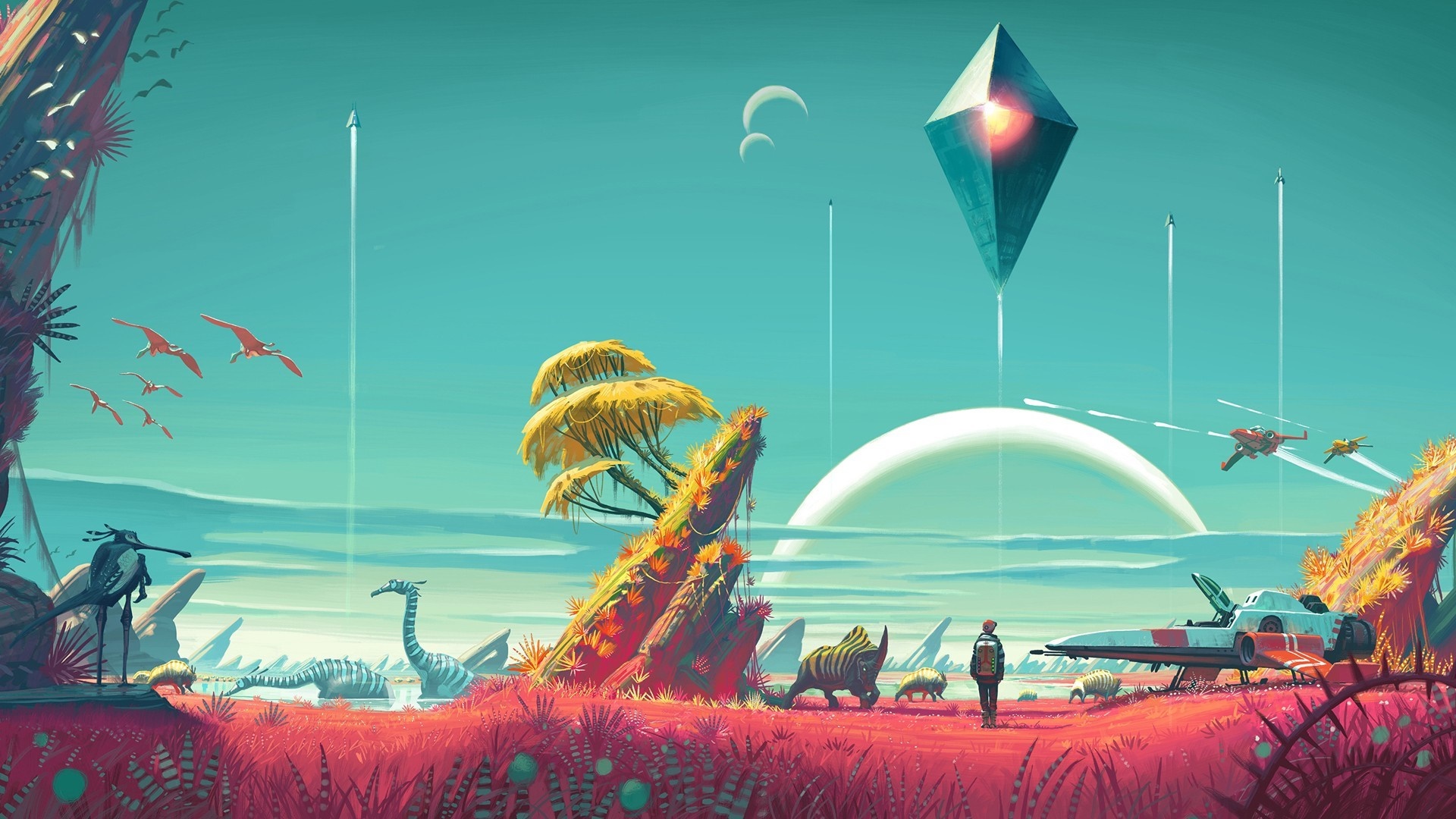 No Man's Sky alien planet illustration HD Wallpaper