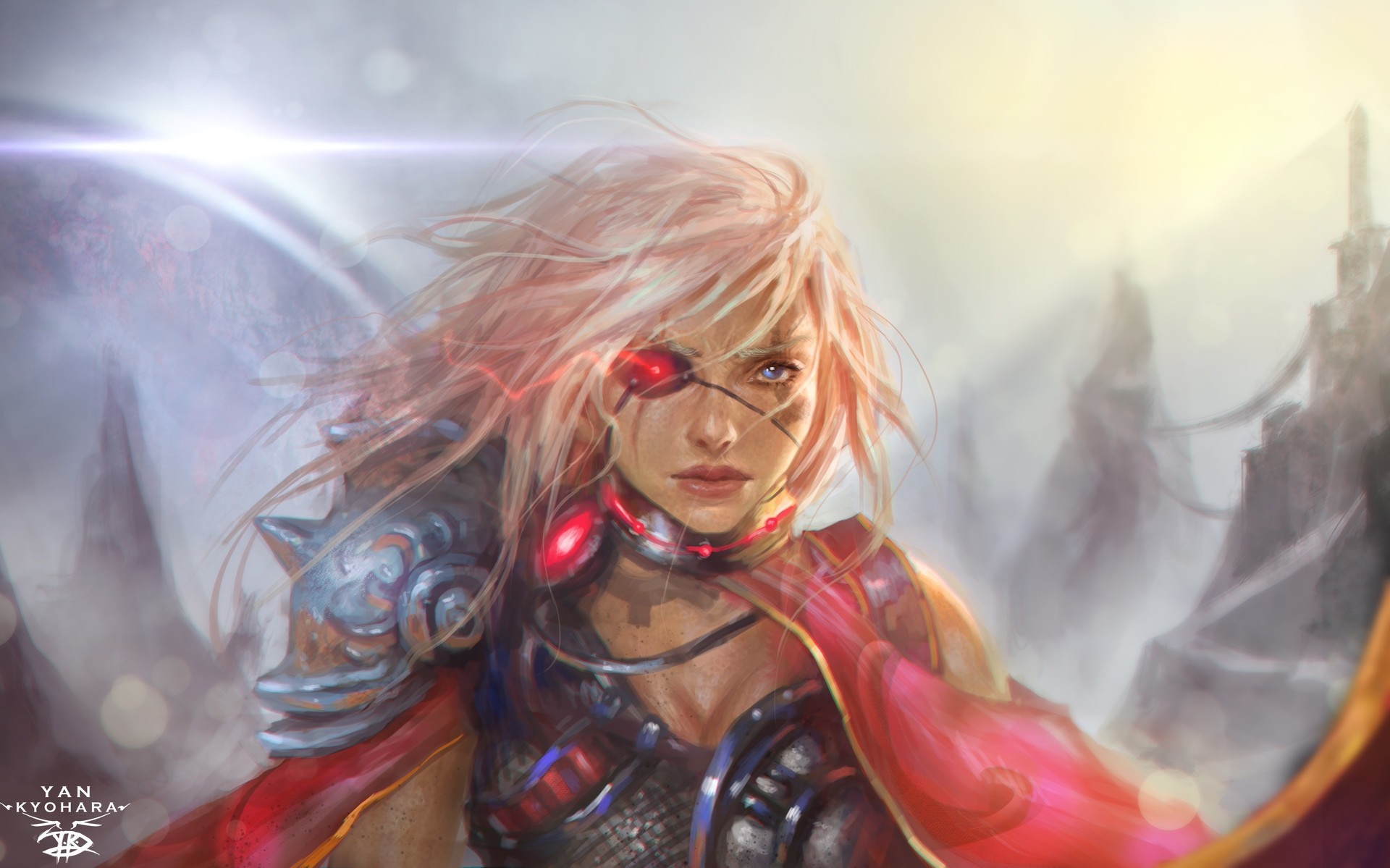 Fantasy warrior with pink hair and cybernetic eye HD Wallpaper