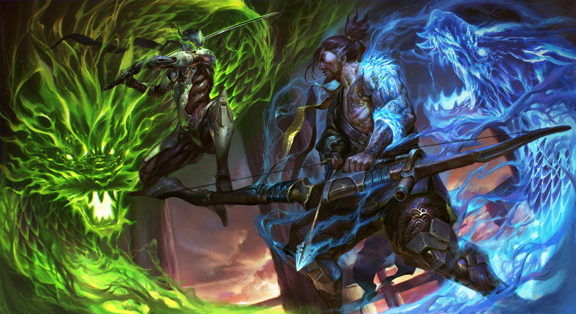 Genji and Hanzo from Overwatch with Dragons HD Wallpaper