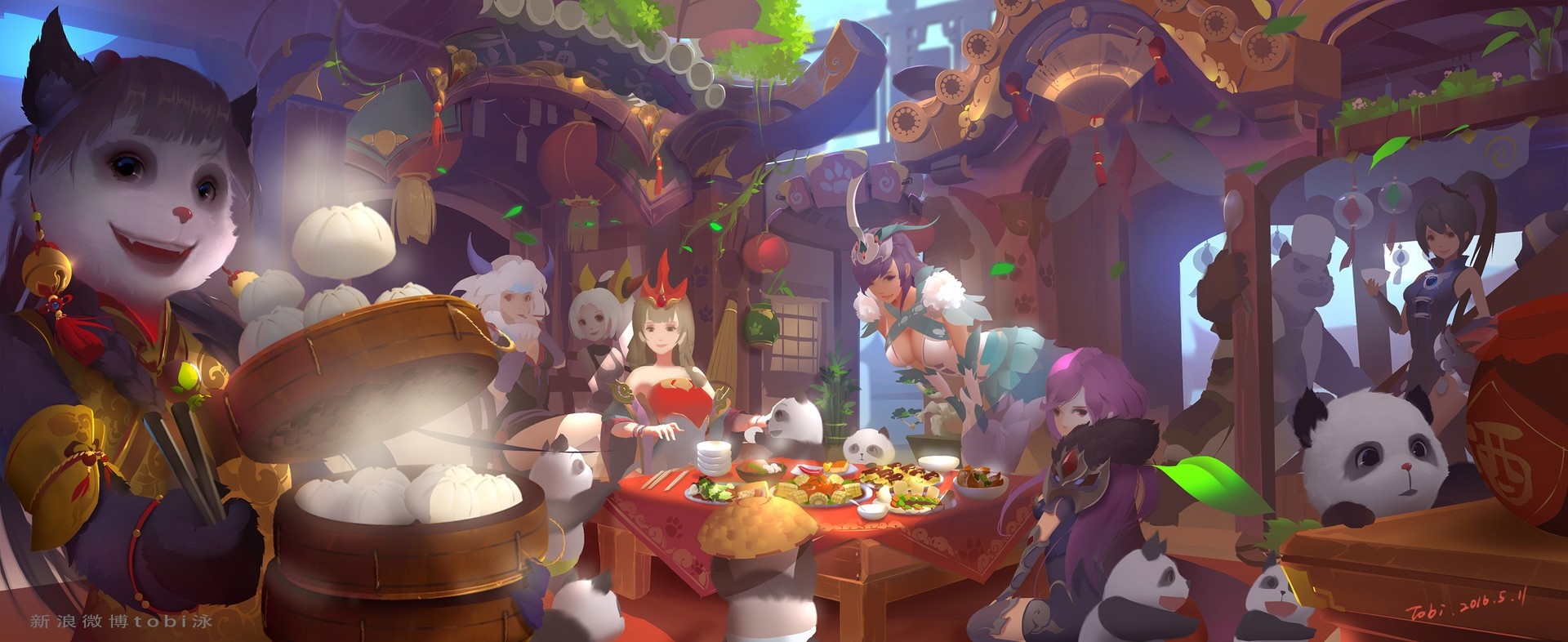 Fantasy anime characters enjoying a meal with pandas HD Wallpaper