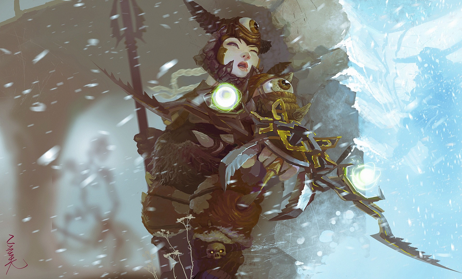 Fantasy character with a spear and rifle in a snowy environment HD Wallpaper