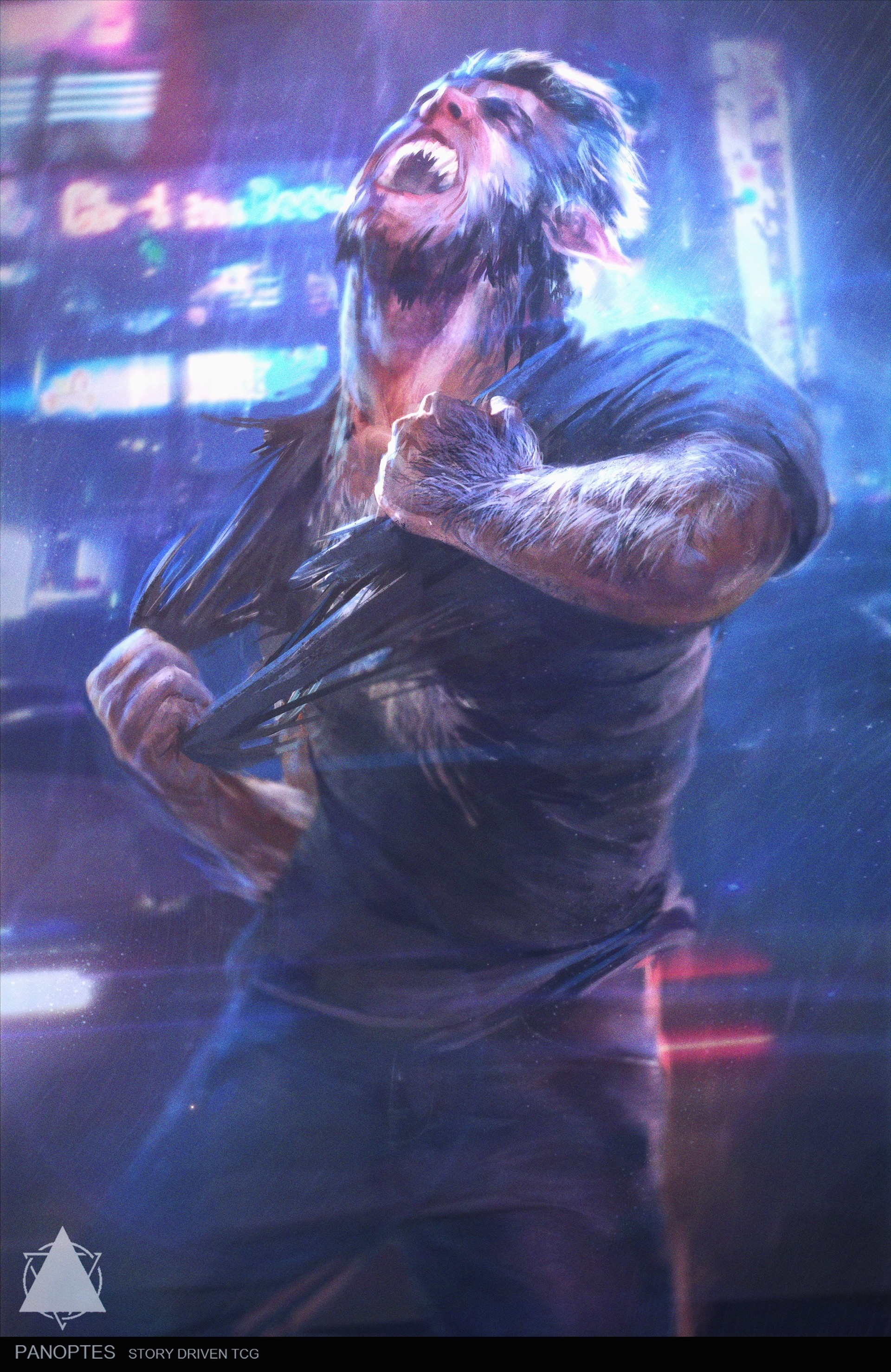 Werewolf transforming in a rainy city at night HD Wallpaper