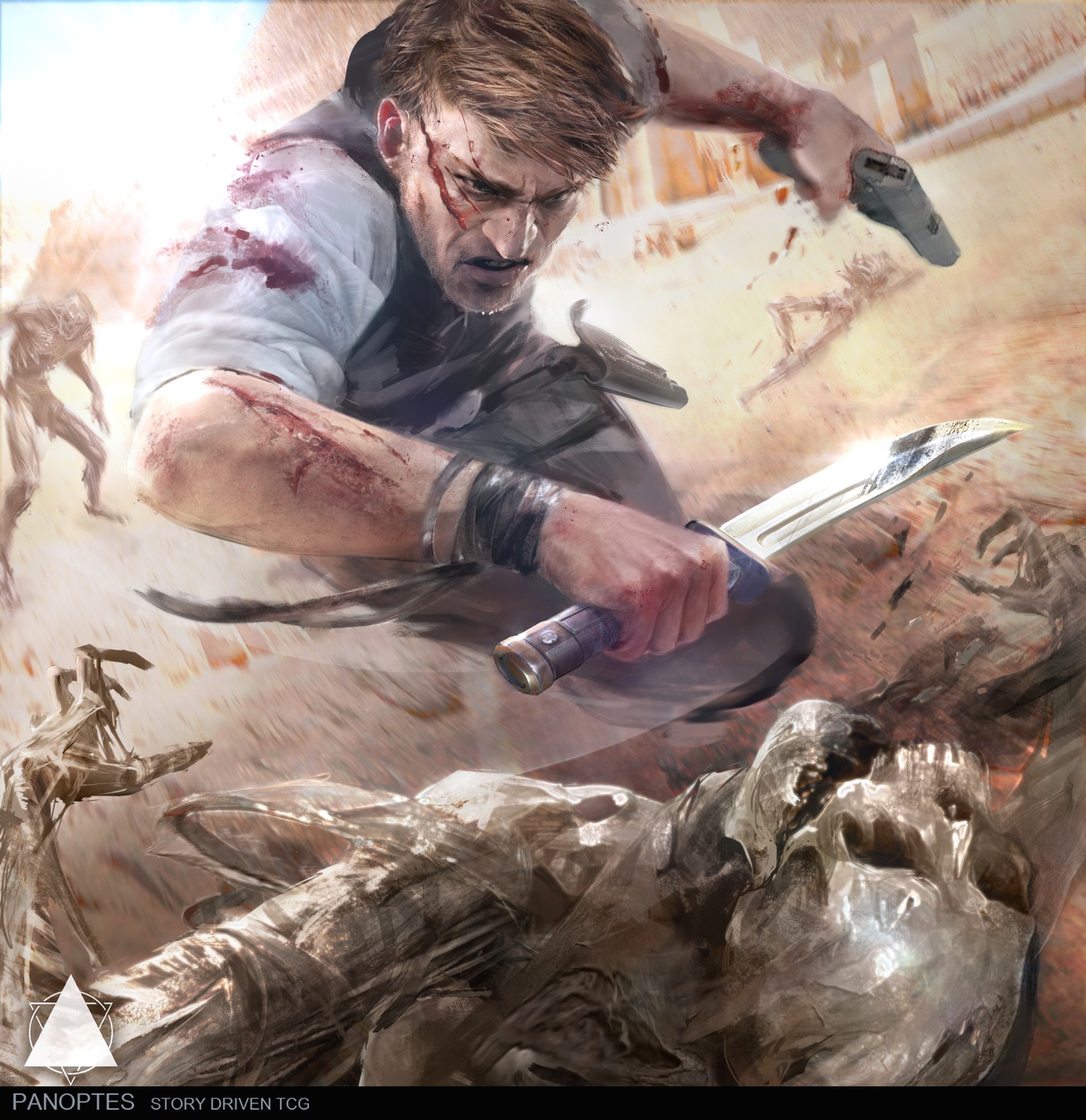 Warrior fighting zombies with knife and gun HD Wallpaper