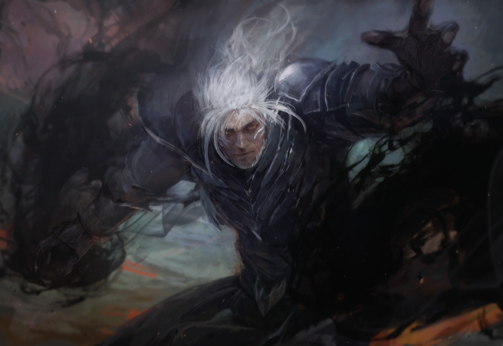 Dark Fantasy Art of a Warrior with White Hair HD Wallpaper