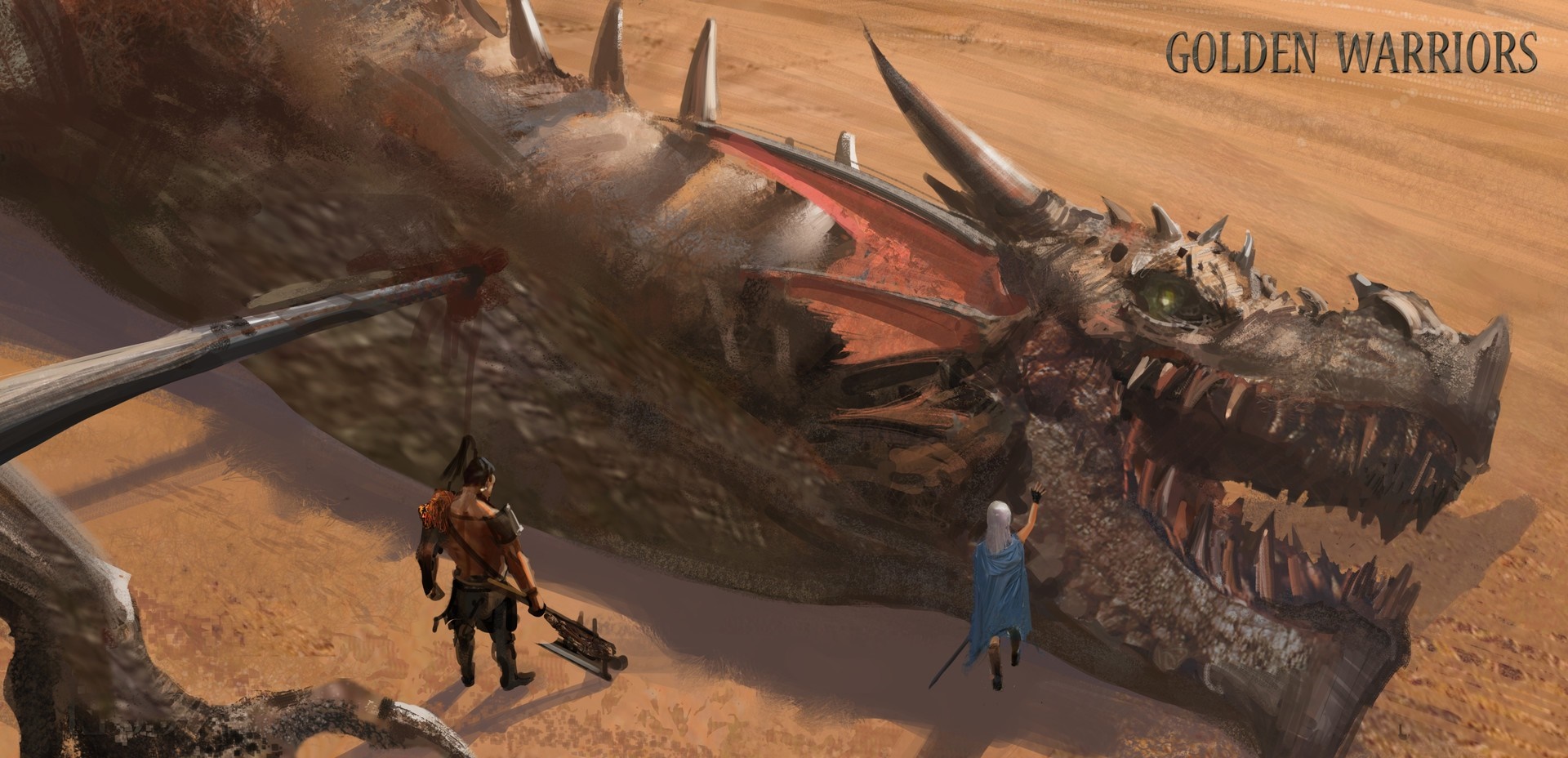 Golden Warriors with a slain dragon HD Wallpaper