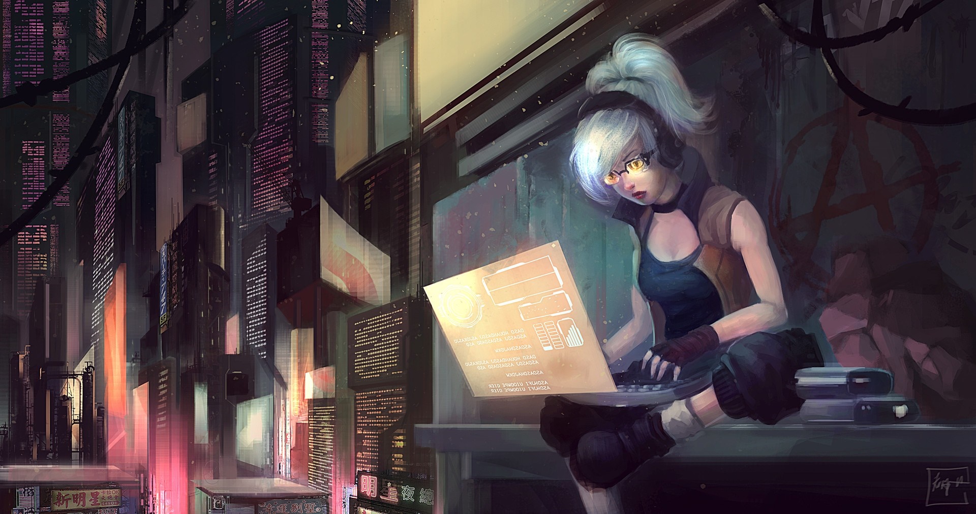 Girl with headphones using a laptop in a futuristic city HD Wallpaper