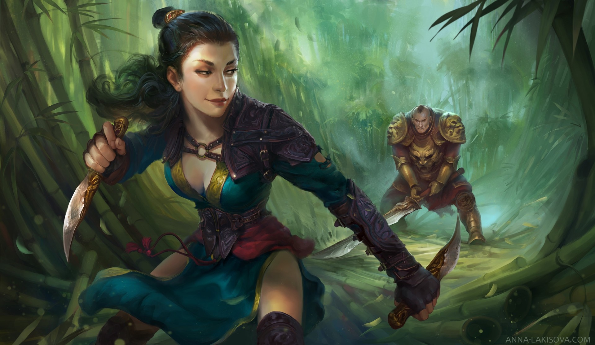Fantasy art of a woman warrior fighting in a jungle HD Wallpaper