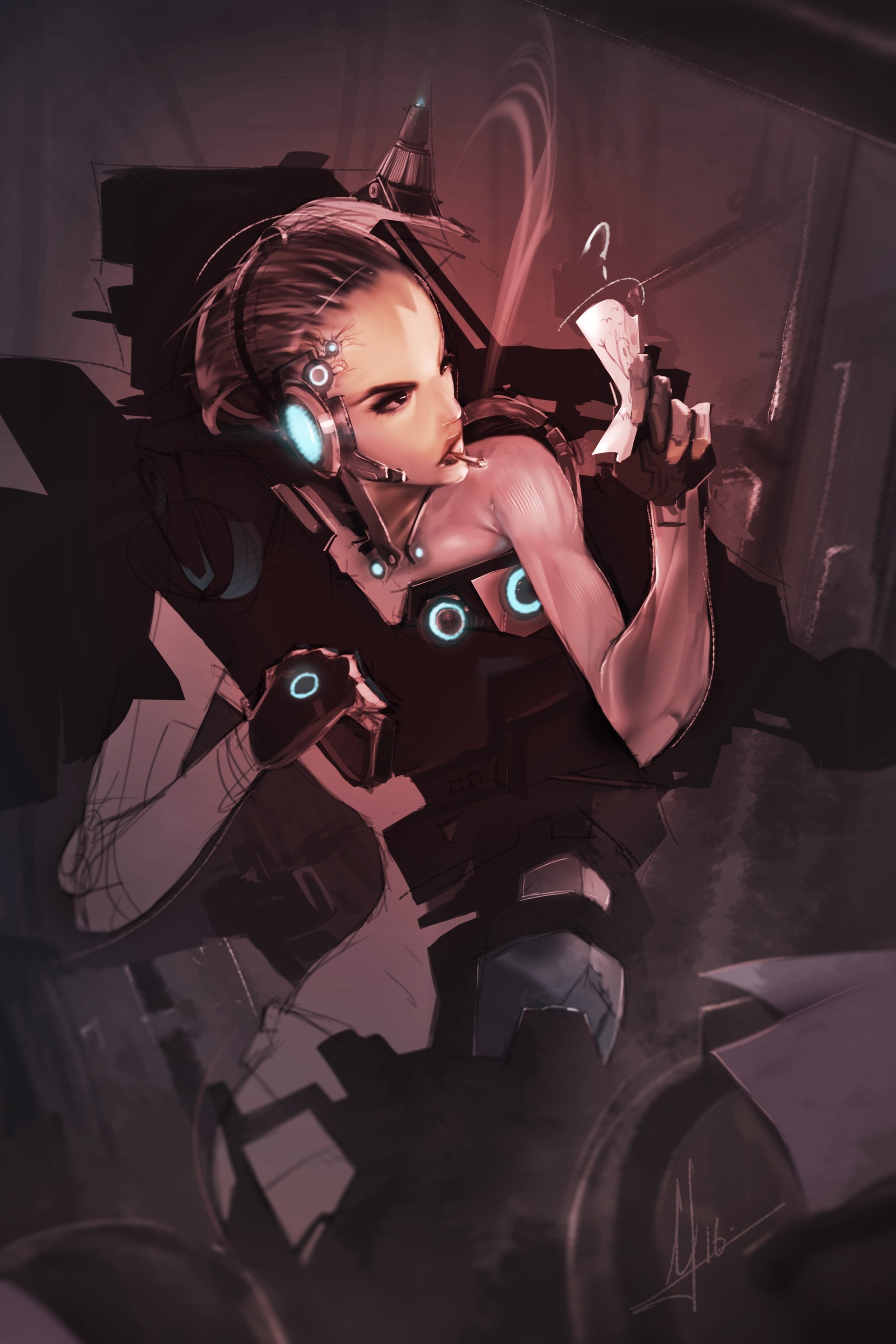 Futuristic woman with headphones smoking a cigarette HD Wallpaper