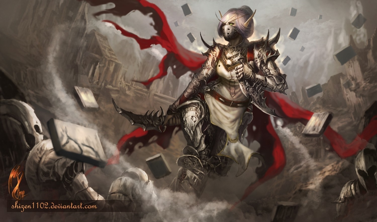 Fantasy warrior in armor with red cape and floating books HD Wallpaper
