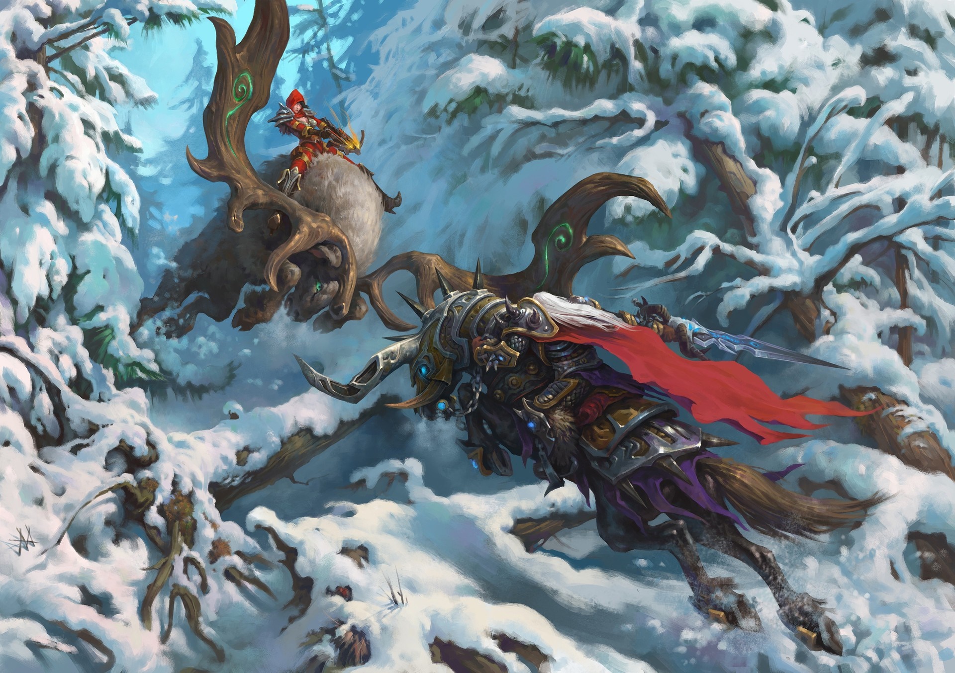 Warcraft Demon Hunter and Arthas Menethil in snowy forest HD Wallpaper